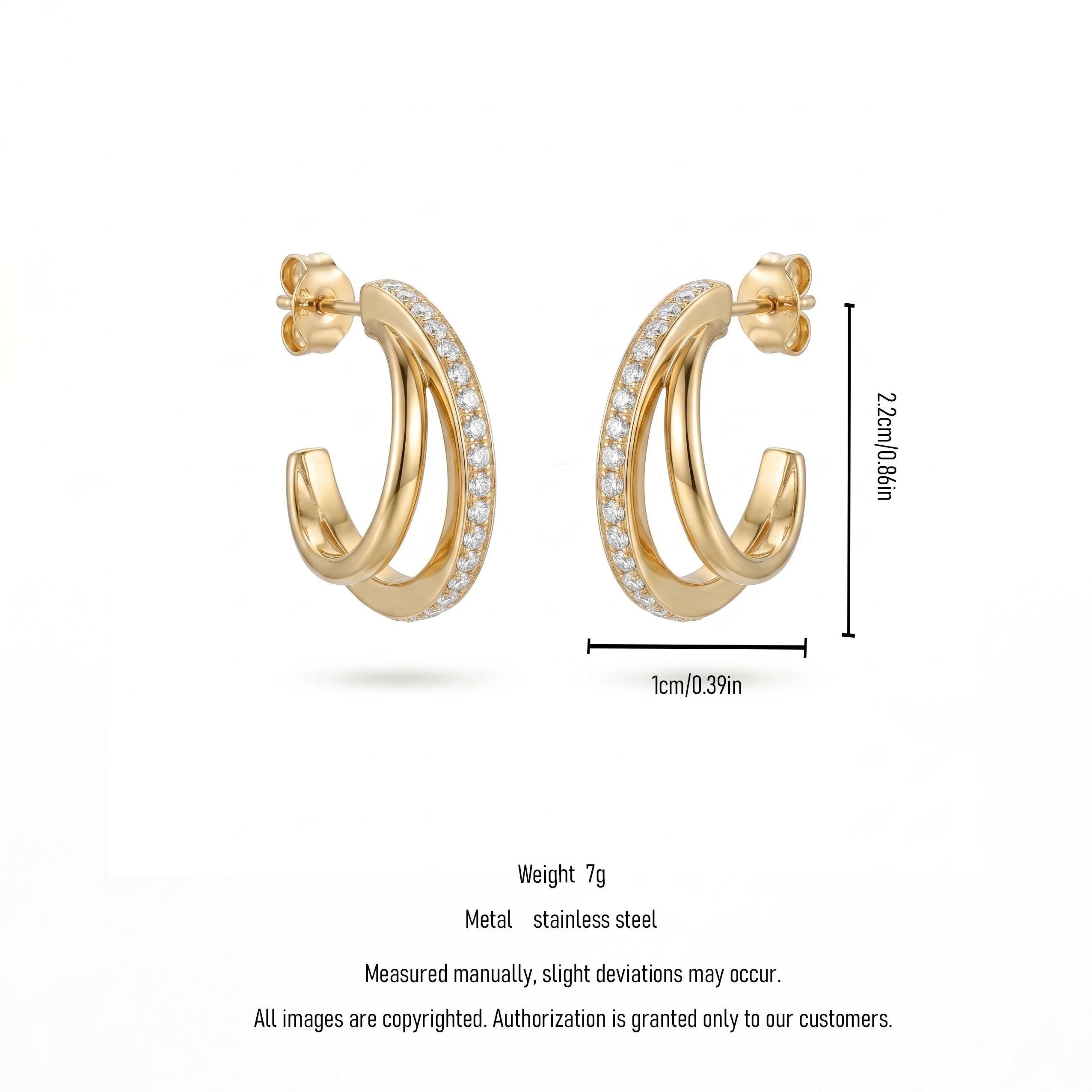 QIAOREN 12313 Trendy CZ Pave Double Hoop Earrings Gold Stainless Steel Stacked Layered C Shape Half Hoops Jewelry Women US EU
