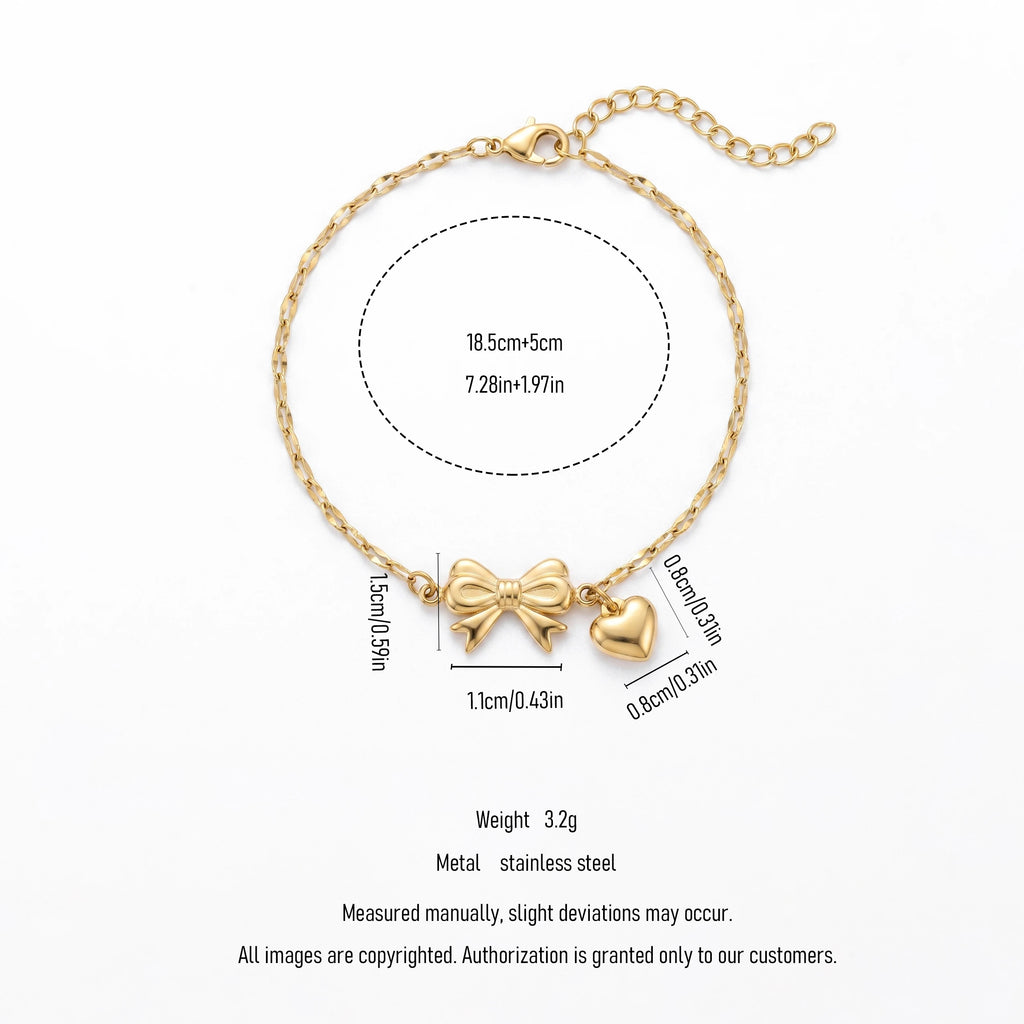QIAOREN 11420 Waterproof 18K Gold Plated Bow & Heart Bracelet Stainless Steel Summer Beach Pool Jewelry