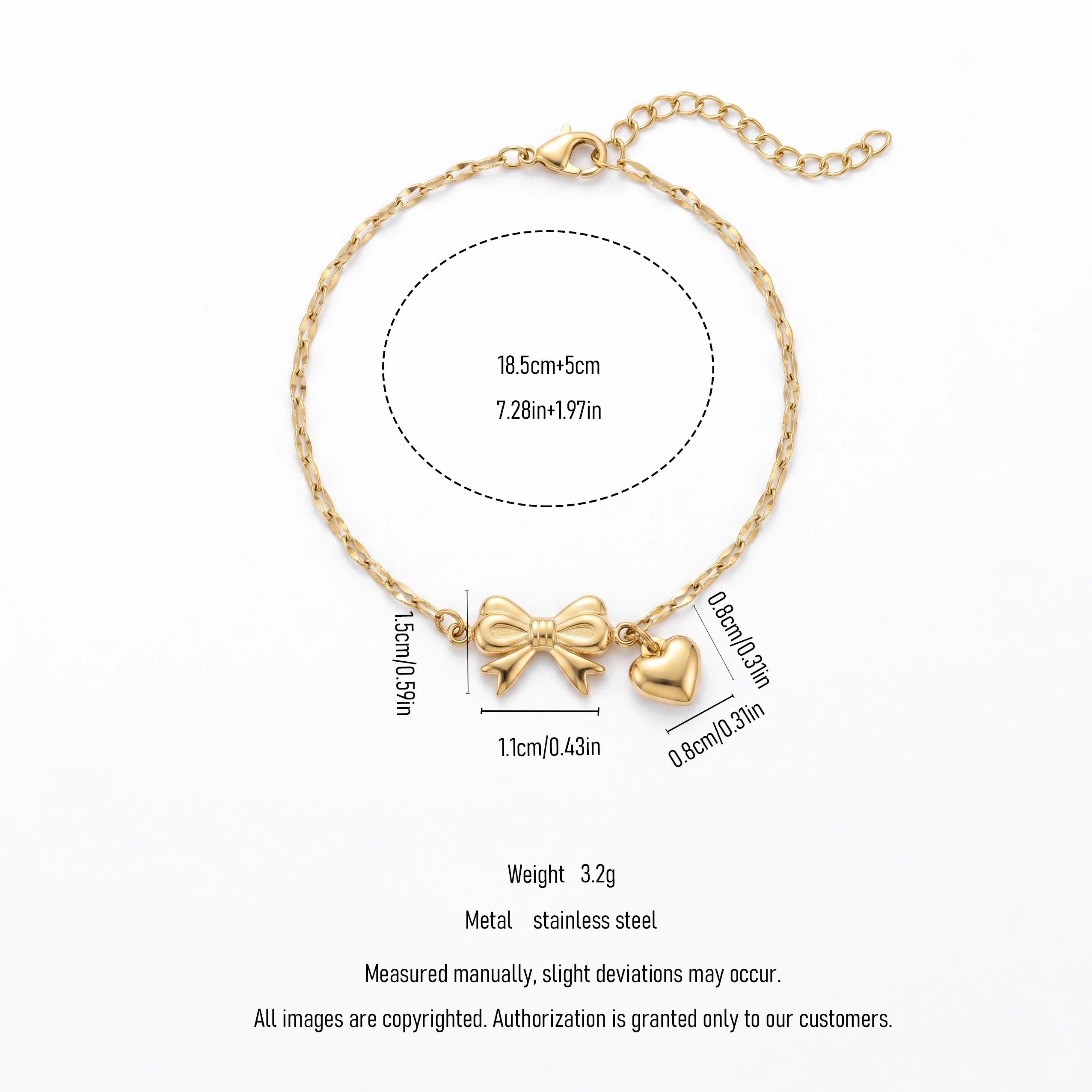 QIAOREN 11420 Waterproof 18K Gold Plated Bow & Heart Bracelet Stainless Steel Summer Beach Pool Jewelry