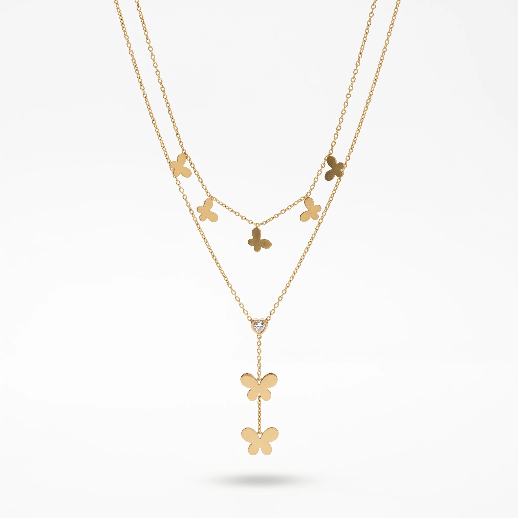 QIAOREN 13553 Stainless Steel Butterfly Layered Necklace Gold Butterfly Charm Pendant Double Layer Chain Jewelry for Women