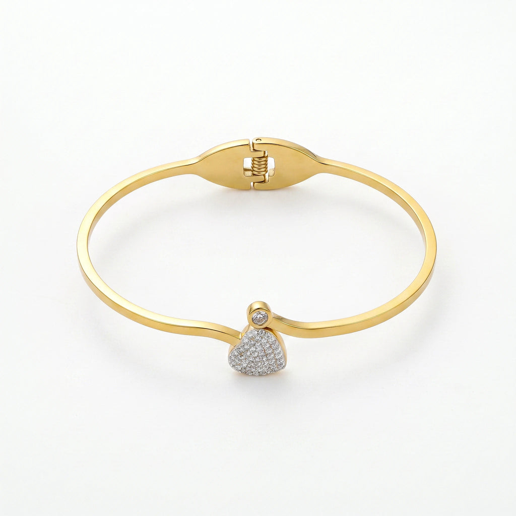 QIAOREN 13653 Thin Wire Spring Cuff Bangle with Paved Zircon Heart & Tiny Single Crystal Dual Charms, Polished Gold Open Bangle
