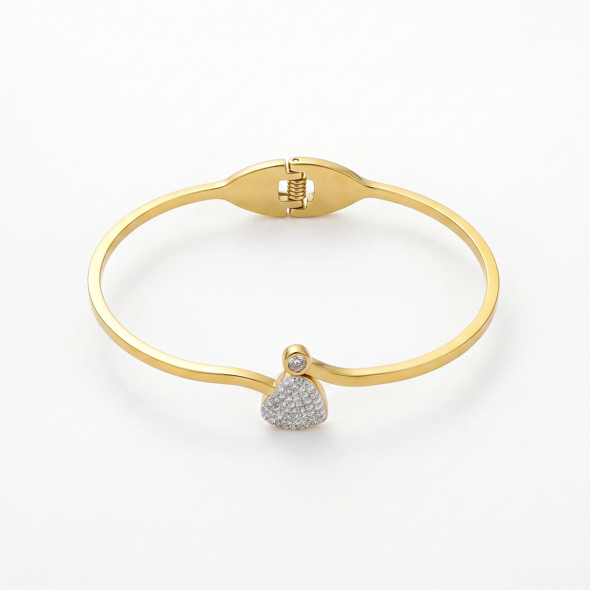 QIAOREN 13653 Thin Wire Spring Cuff Bangle with Paved Zircon Heart & Tiny Single Crystal Dual Charms, Polished Gold Open Bangle