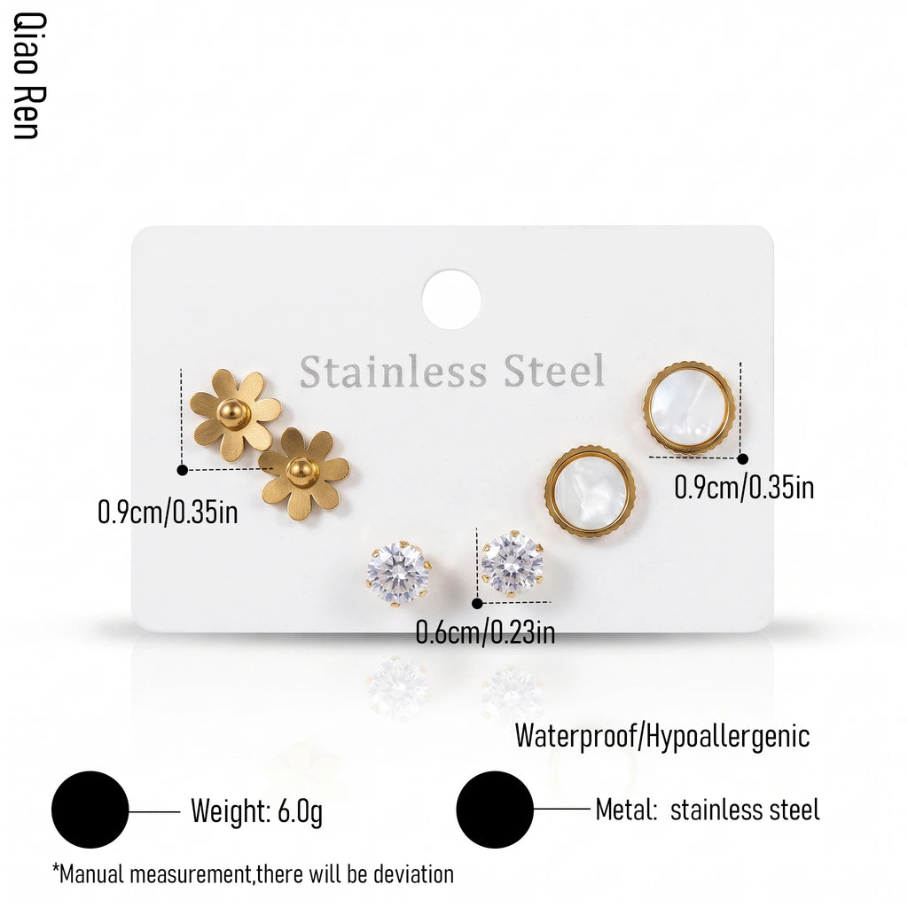 QIAOREN 14467 3 Pair Gold Stainless Steel Stud Earrings Set, Matte Flower Studs, Round Quartz Studs & Prong Set CZ Studs