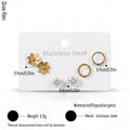 QIAOREN 14467 3 Pair Gold Stainless Steel Stud Earrings Set, Matte Flower Studs, Round Quartz Studs & Prong Set CZ Studs