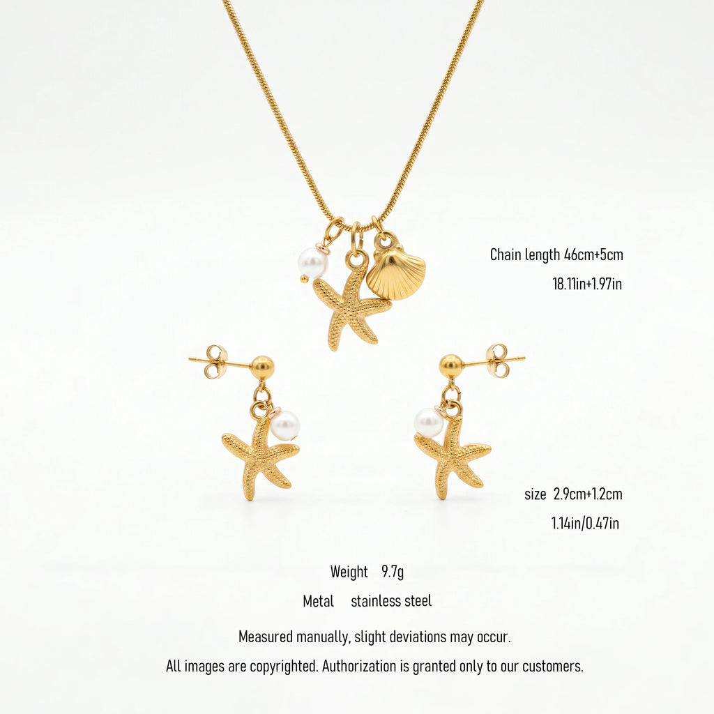 QIAOREN 10804 Waterproof Tarnish Resistant 18K Gold Plated Stainless Steel Starfish Pearl Trendy Necklace Bracelet Set Jewelry