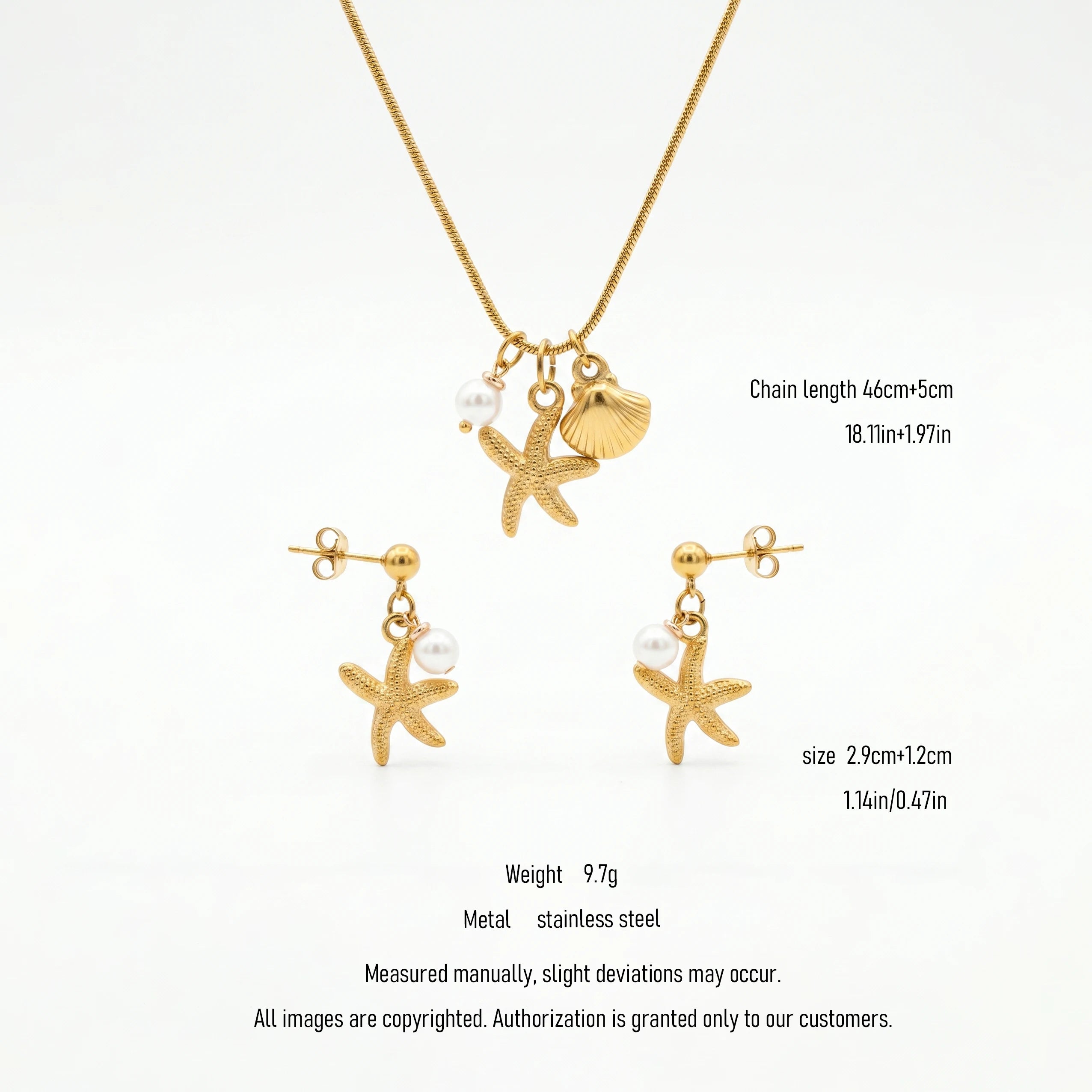 QIAOREN 10804 Waterproof Tarnish Resistant 18K Gold Plated Stainless Steel Starfish Pearl Trendy Necklace Bracelet Set Jewelry