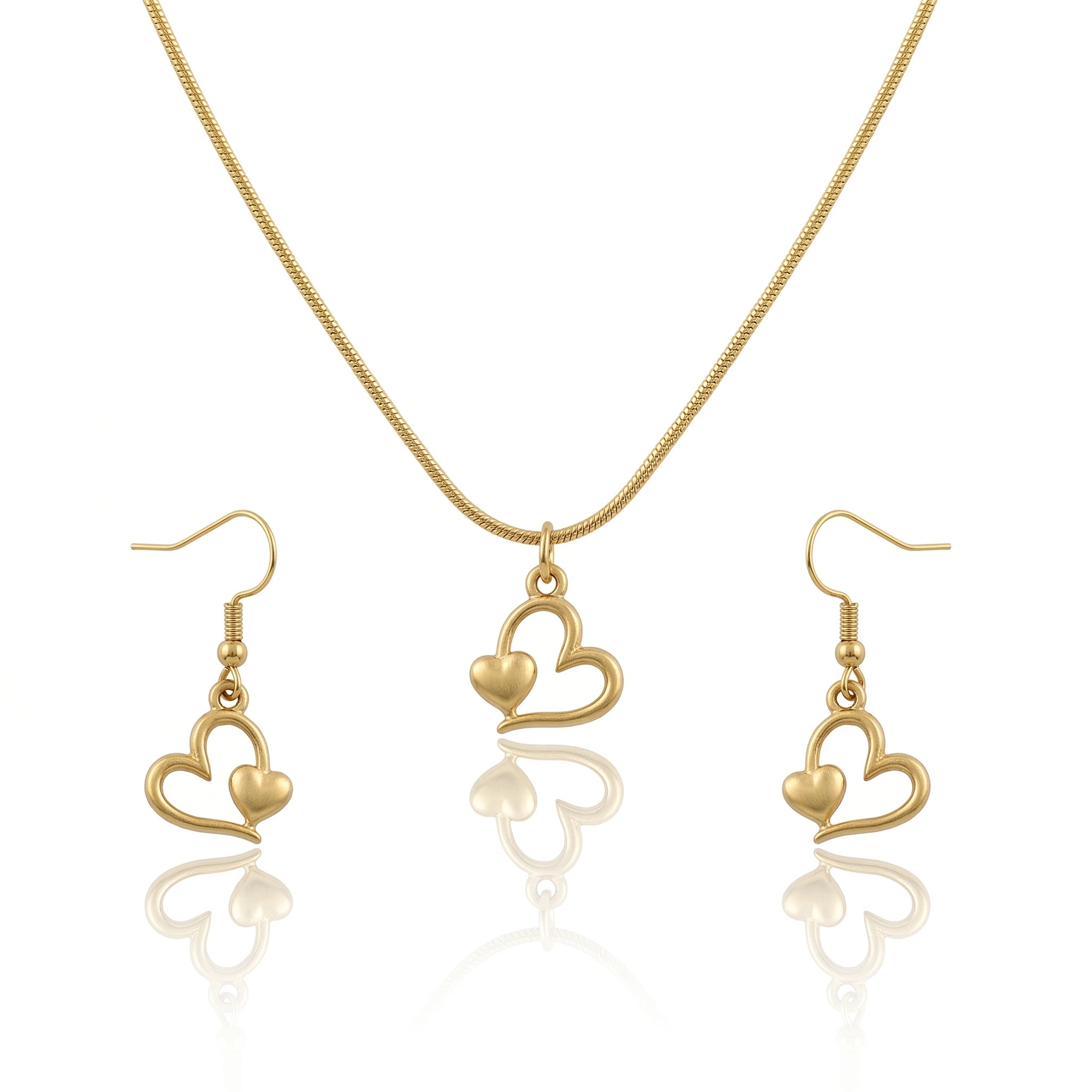 QIAOREN 11573 Minimalist Romantic Double Heart Jewelry Set, 18K Gold Stainless Steel Snake Chain Necklace Dangle Earrings