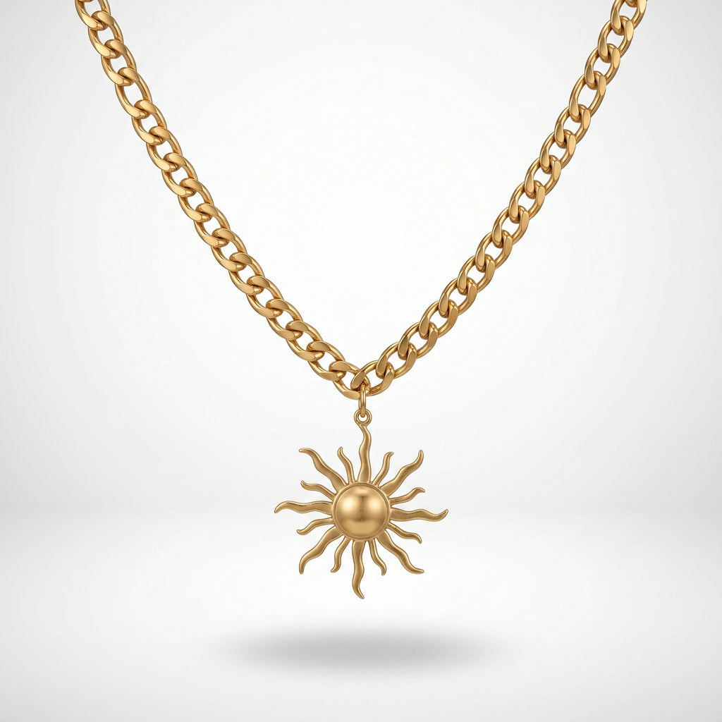 QIAOREN 10857 Waterproof Stainless Steel Trendy Sun Charm Necklace Gold Plated Link Chain Party Statement Jewelry