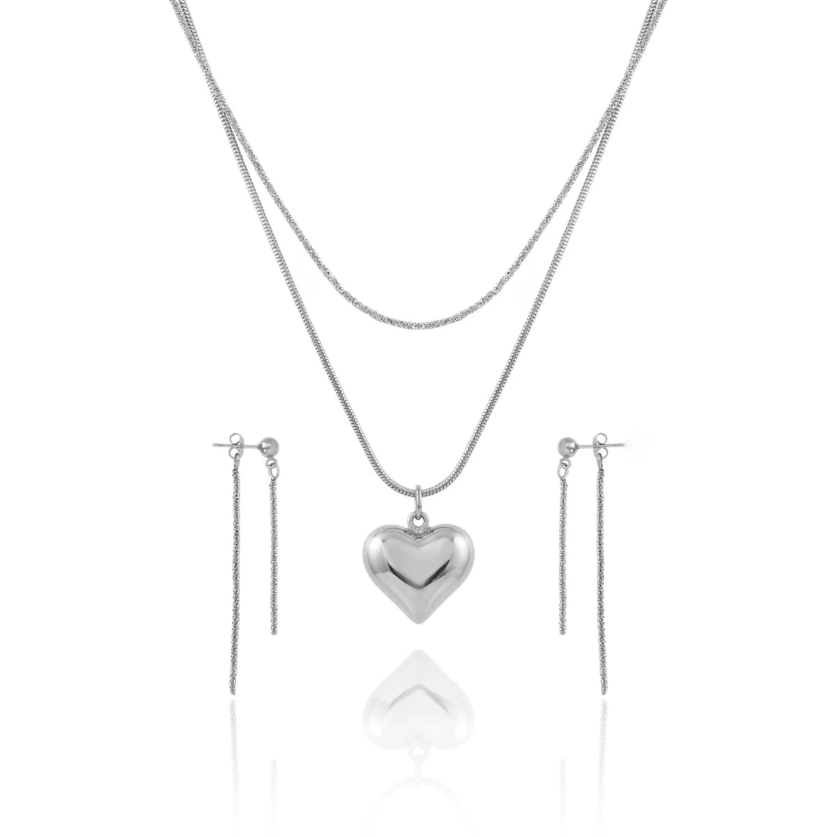 QIAOREN 12862 Waterproof Puffy Heart Necklace & Drop Earrings Set, Tarnish Free 18K Gold Plated Layered Jewelry for Women