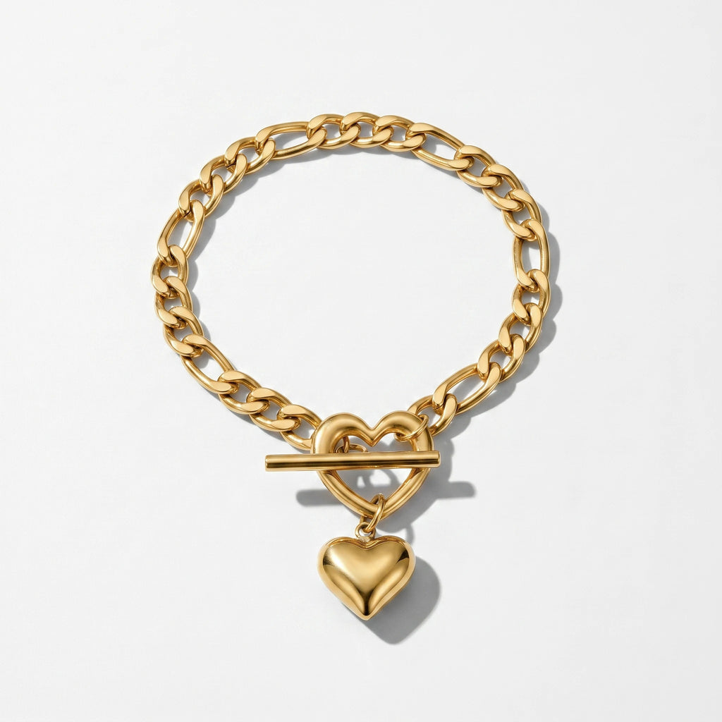 QIAOREN 10576 Chunky Sweet Edgy Heart Charm Bracelet 18K Gold Plated Stainless Steel Hypoallergenic Trendy Party Jewelry
