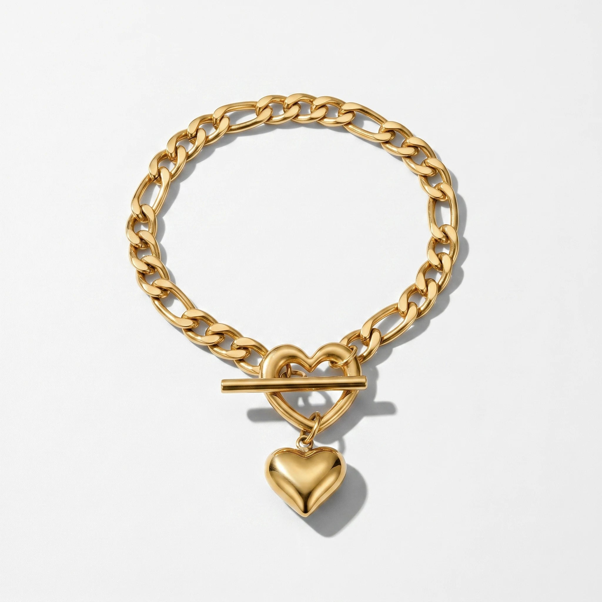 QIAOREN 10576 Chunky Sweet Edgy Heart Charm Bracelet 18K Gold Plated Stainless Steel Hypoallergenic Trendy Party Jewelry