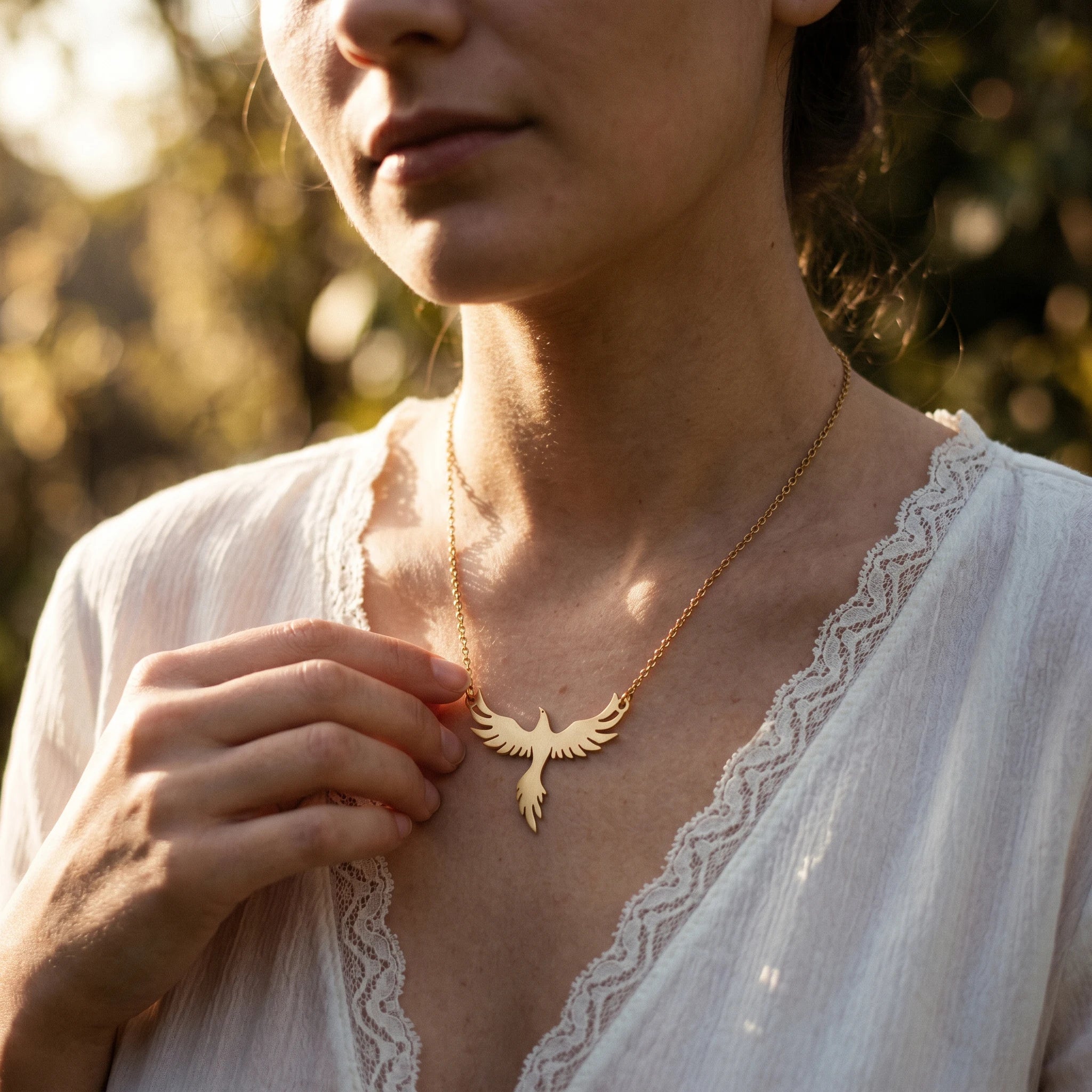 QIAOREN 10853 Stainless Steel Phoenix Pendant Necklace 18K Gold Adjustable Cable Chain Myth Bird Jewelry Gift for Women