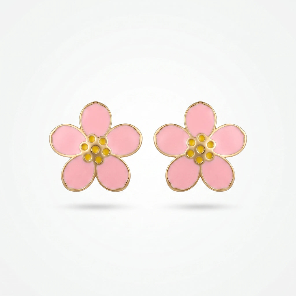 QIAOREN 7782 Gold Tone Pink Enamel Five Petal Flower Stud Earrings Yellow Dot Stamen Floral Pin Studs Sweet Fresh Girly Style
