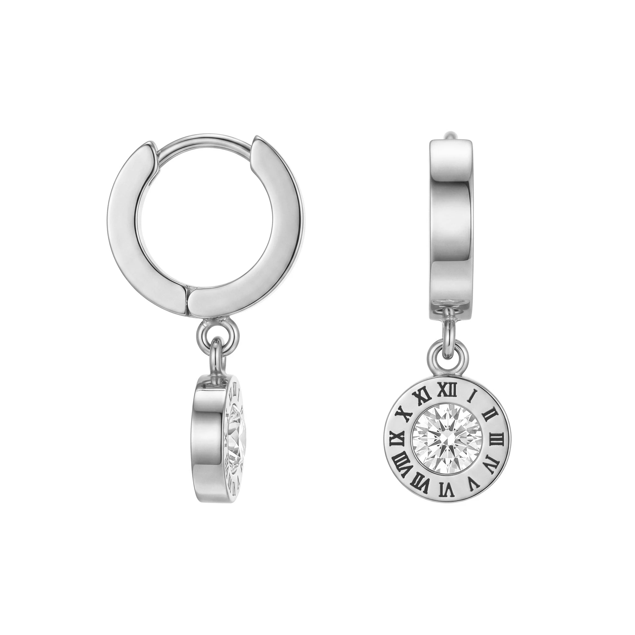 QIAOREN 10745 Stainless Steel Roman Numeral Charm Hoop Earrings, CZ Stone Retro-Inspired Long-Wearing Gold/Silver Finish Jewelry