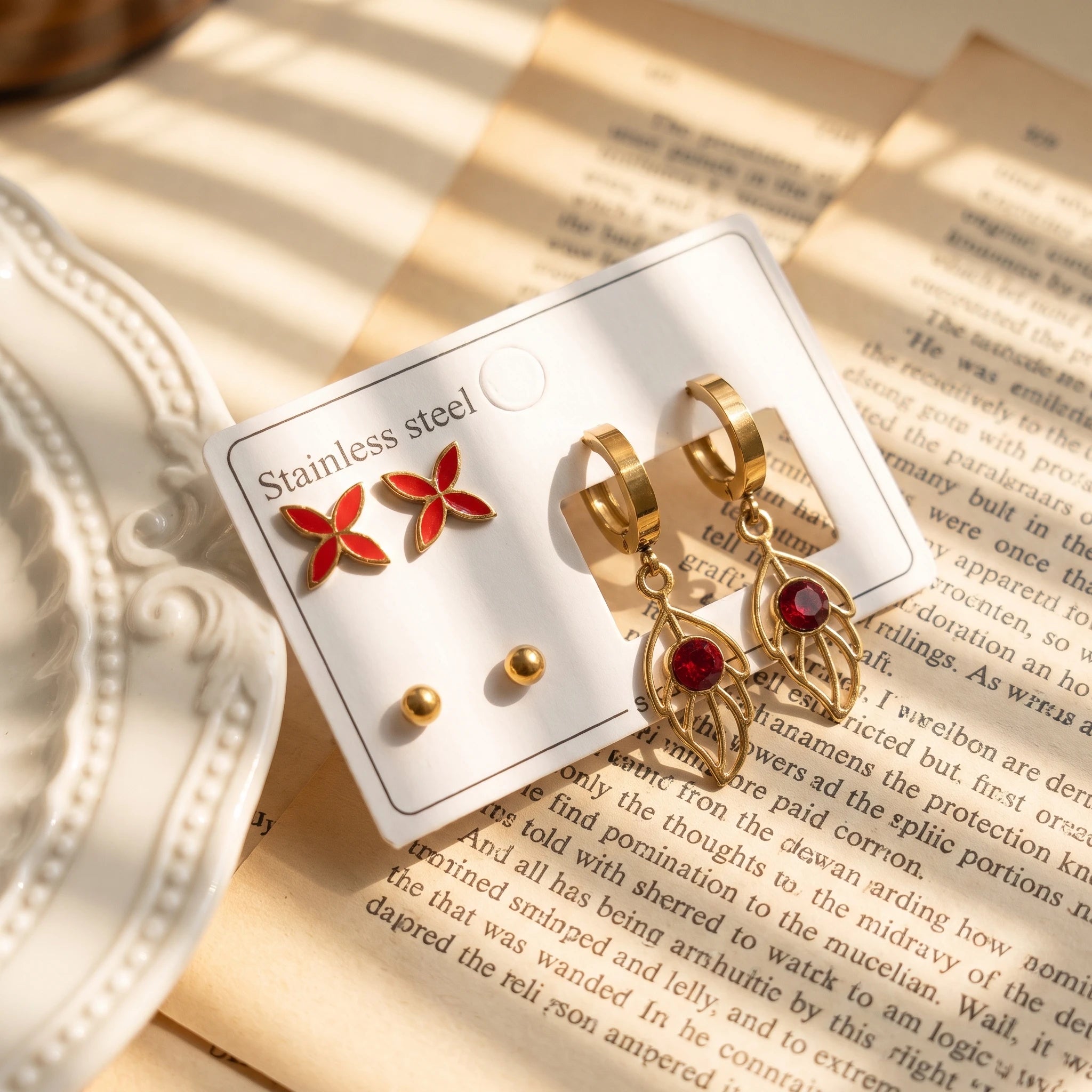 QIAOREN 14523 Waterproof Stainless Steel Earrings Set Butterfly Leaf Drop Stud Earrings Red Crystal Hypoallergenic Jewelry Women