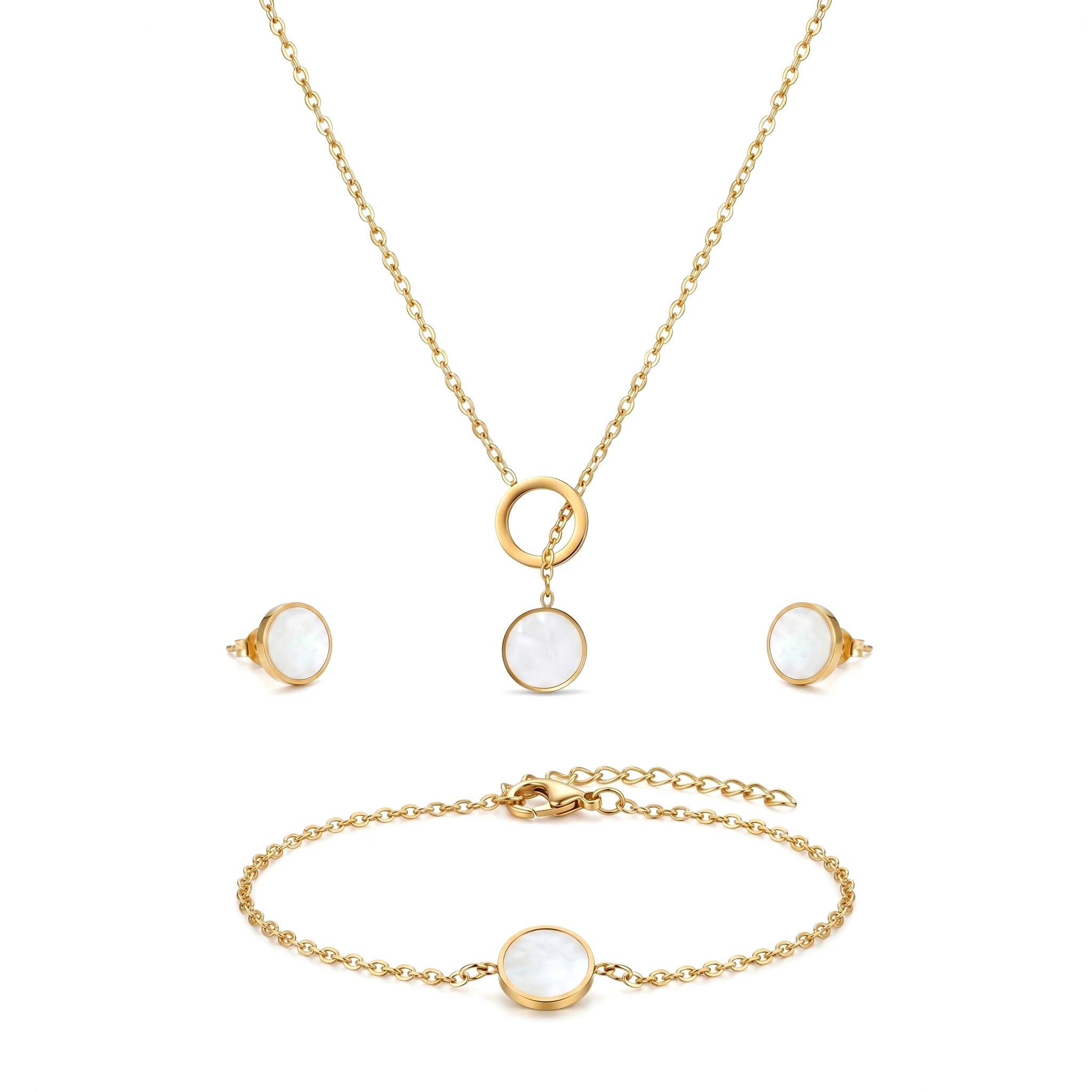 QIAOREN 11938 Trendy Mother of Pearl Round Jewelry Set Gold Stainless Steel Circle Necklace Earrings Bracelet for Women US EU