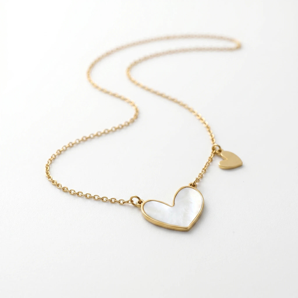 QIAOREN 11679 Dainty Mother of Pearl Heart Necklace 18K Gold Stainless Steel with Mini Heart Charm for Women