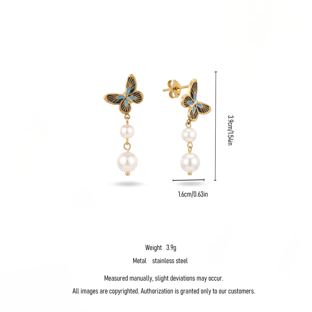QIAOREN 13444 Gold Tone Butterfly Double Pearl Drop Stud Earrings Vintage Blue Black Insect Dangle Ear Jewelry Gift