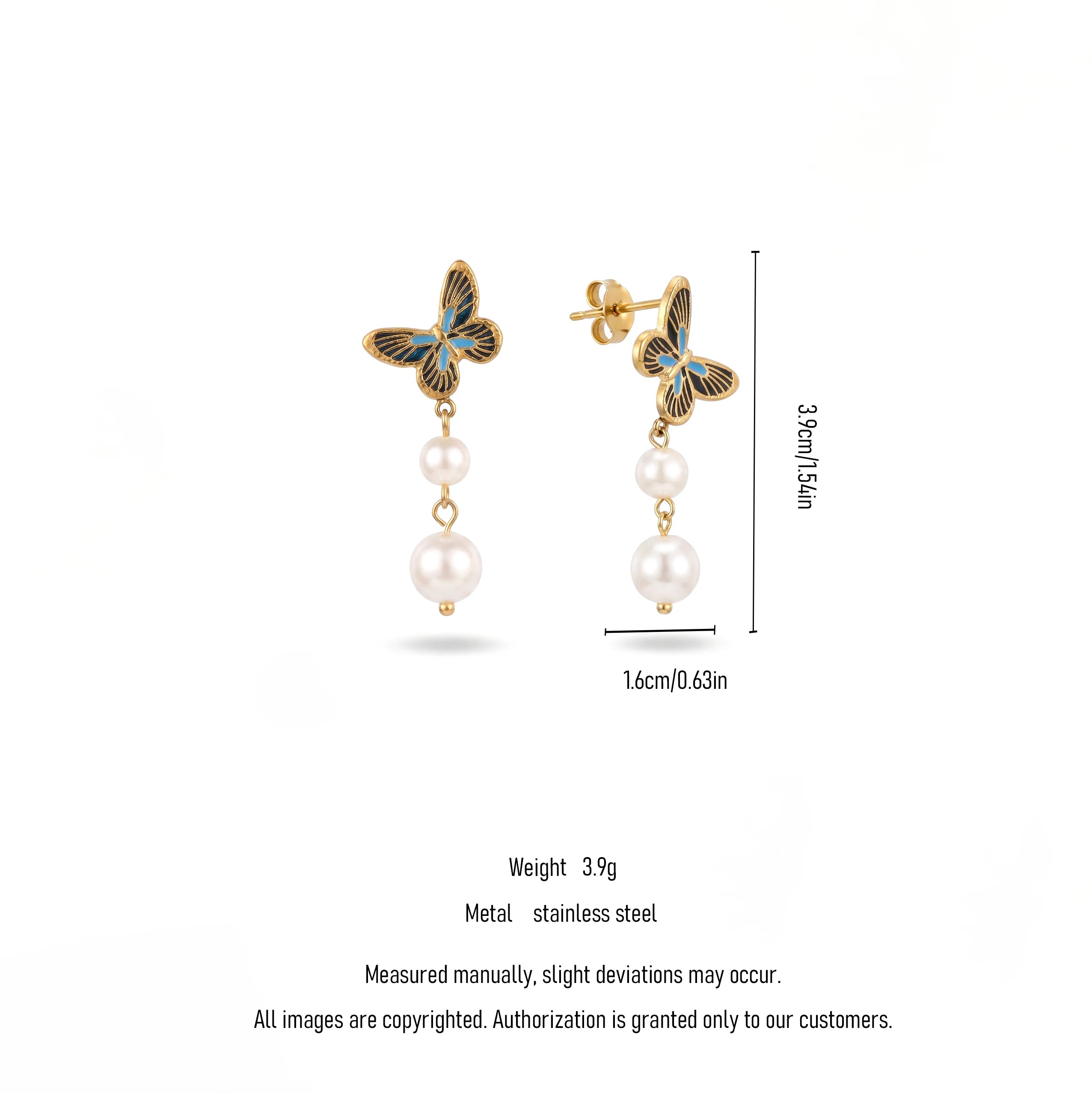 QIAOREN 13444 Gold Tone Butterfly Double Pearl Drop Stud Earrings Vintage Blue Black Insect Dangle Ear Jewelry Gift