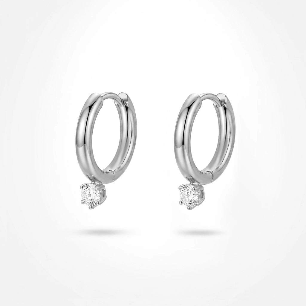 QIAOREN 12515 Stock Waterproof Tarnish Free Solitaire CZ Drop Earrings Stainless Steel Platinum Plated Small Chunky Hoops