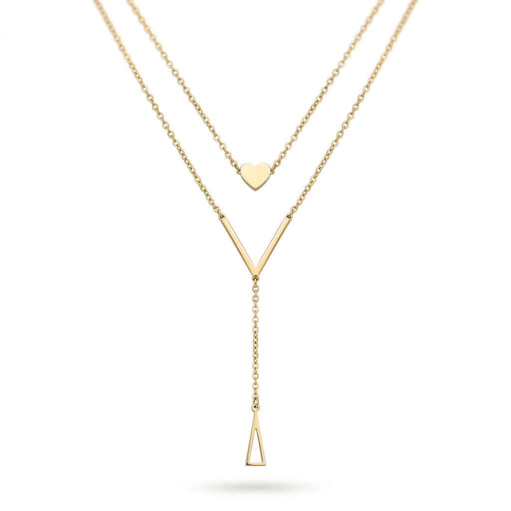 QIAOREN 11257 Dainty Double Layer Heart Triangle Pendant Necklace 18K Gold Plated Stainless Steel Waterproof Jewelry