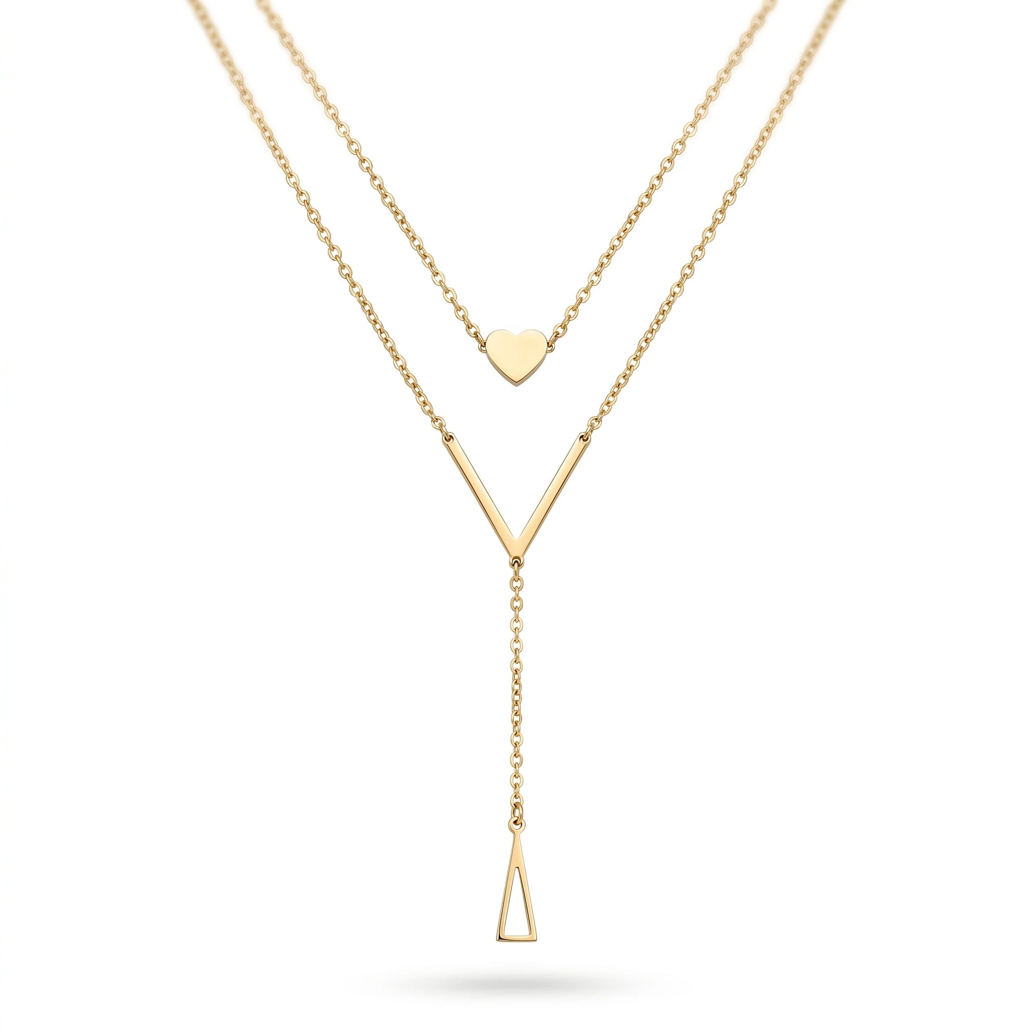 QIAOREN 11257 Dainty Double Layer Heart Triangle Pendant Necklace 18K Gold Plated Stainless Steel Waterproof Jewelry