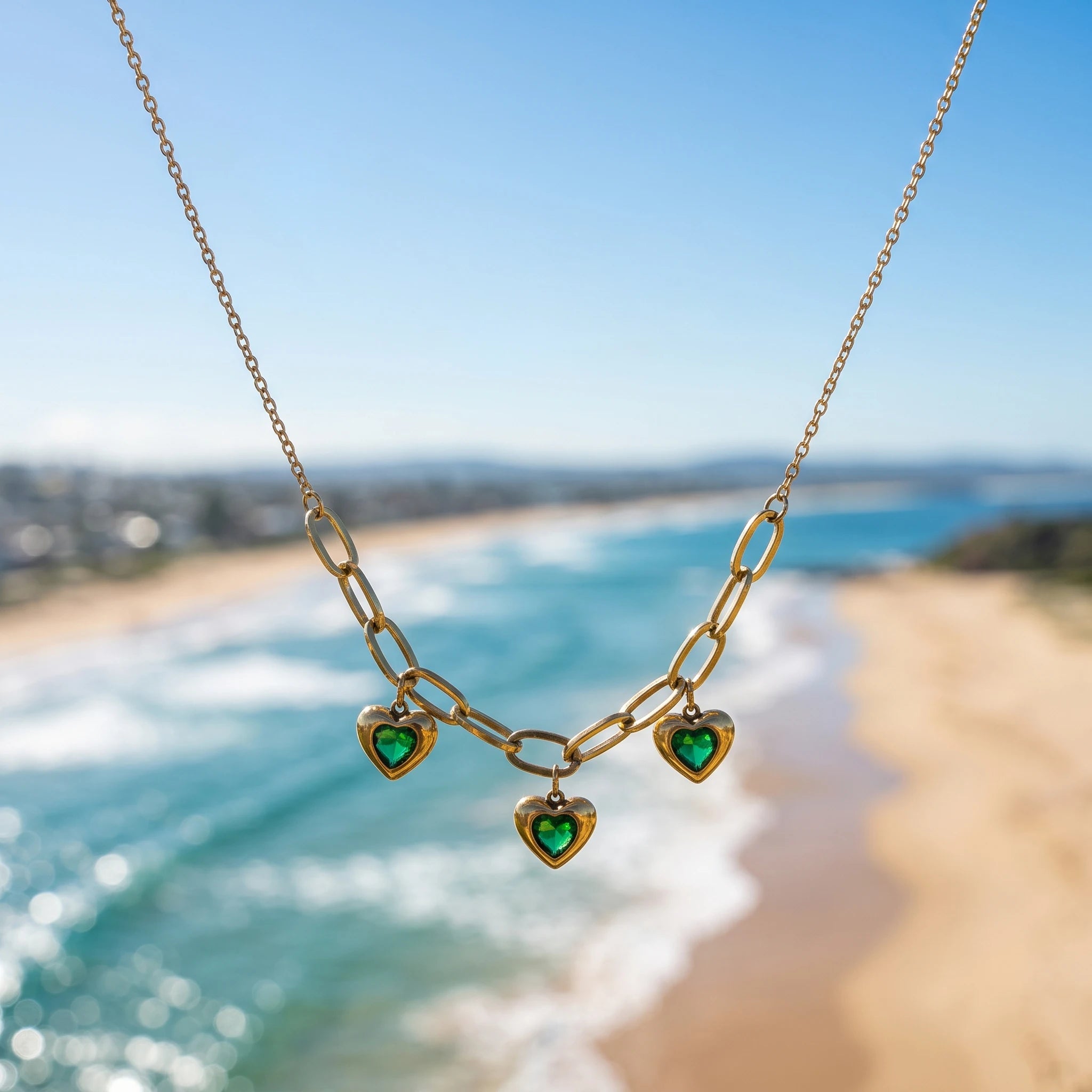 QIAOREN 13950-51 Stainless Steel Green Heart Charm Necklace Gold Paperclip Chain Waterproof Layered Jewelry for Women