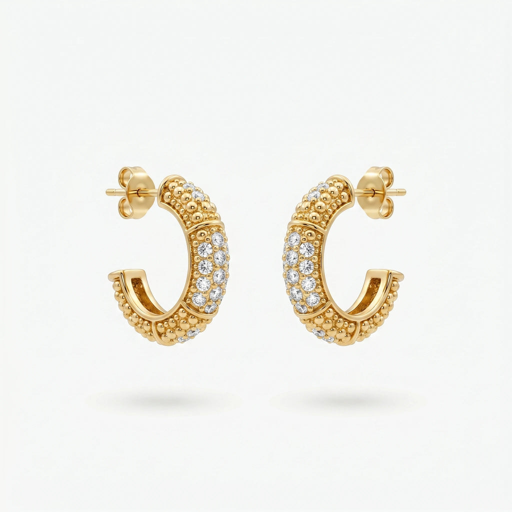 QIAOREN 12452  Gold Paved CZ Half Hoop Earrings Stainless Steel Beaded Textured Huggie Hoops Hypoallergenic Sparkly Jewelry