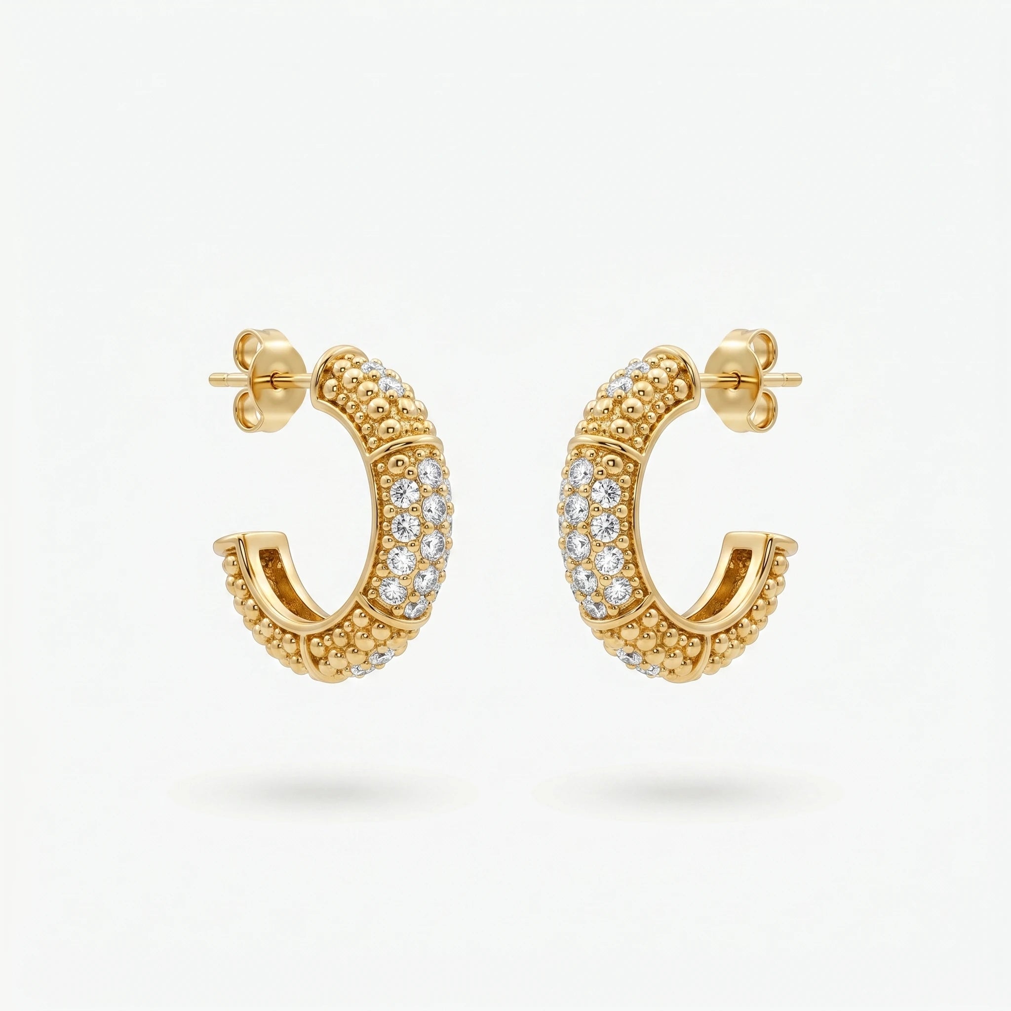 QIAOREN 12452  Gold Paved CZ Half Hoop Earrings Stainless Steel Beaded Textured Huggie Hoops Hypoallergenic Sparkly Jewelry