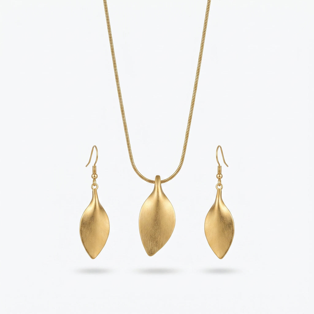 QIAOREN 11069 Luxury Matte Gold Leaf Jewelry Set Stainless Steel Pendant Necklace and Drop Earrings for Women