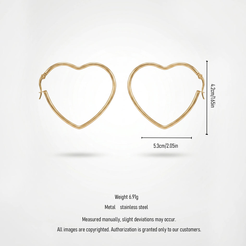 QIAOREN 12334 Romantic Heart Shaped Hoop Earrings Gold Stainless Steel Sleek Front Facing Sweetheart Large Hoops Women US EU