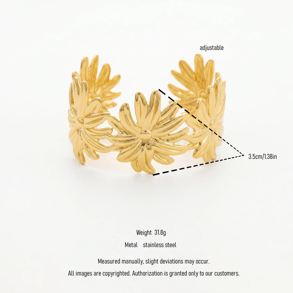 QIAOREN 12715  18K Gold Polished Linked 3D  Open Cuff Bracelet Stainless Steel  Petal Adjustable Stackable Floral Wrist Jewelry