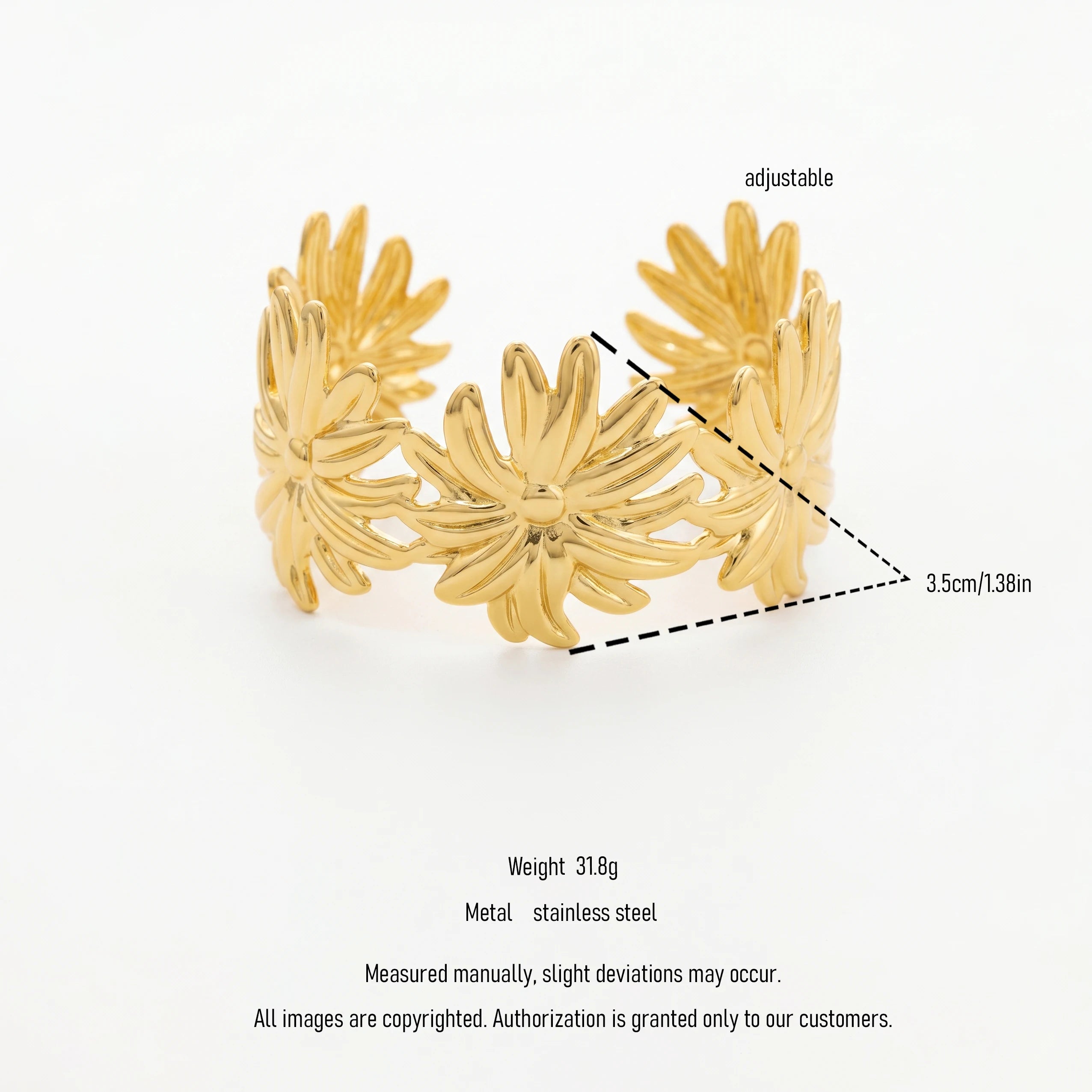 QIAOREN 12715  18K Gold Polished Linked 3D  Open Cuff Bracelet Stainless Steel  Petal Adjustable Stackable Floral Wrist Jewelry