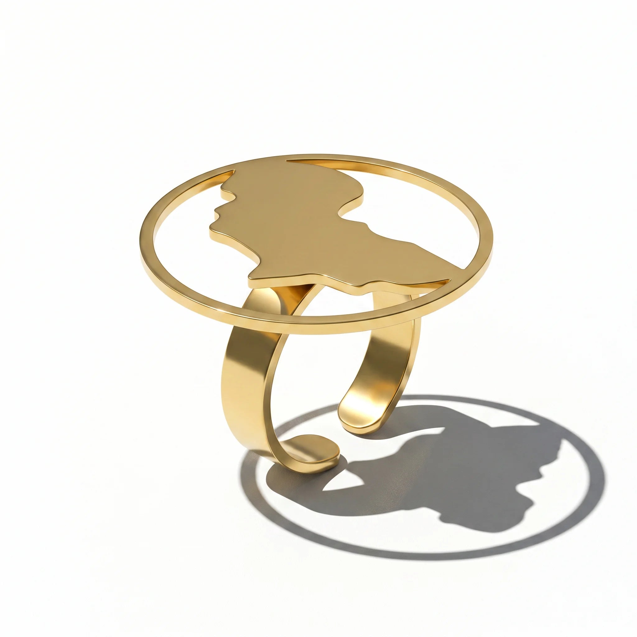 QIAOREN 10899 Stainless Steel Gold Africa Map Open Ring Large Round Frame Adjustable Statement Finger Jewelry for Women