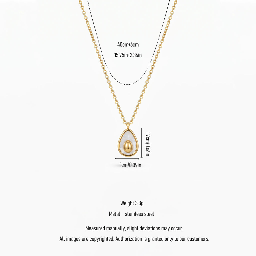 QIAOREN 13536 Dainty Teardrop White Shell Inlay Pendant Necklace with Solid Oval Gold Center Charm, Thin Cable Chain Necklace