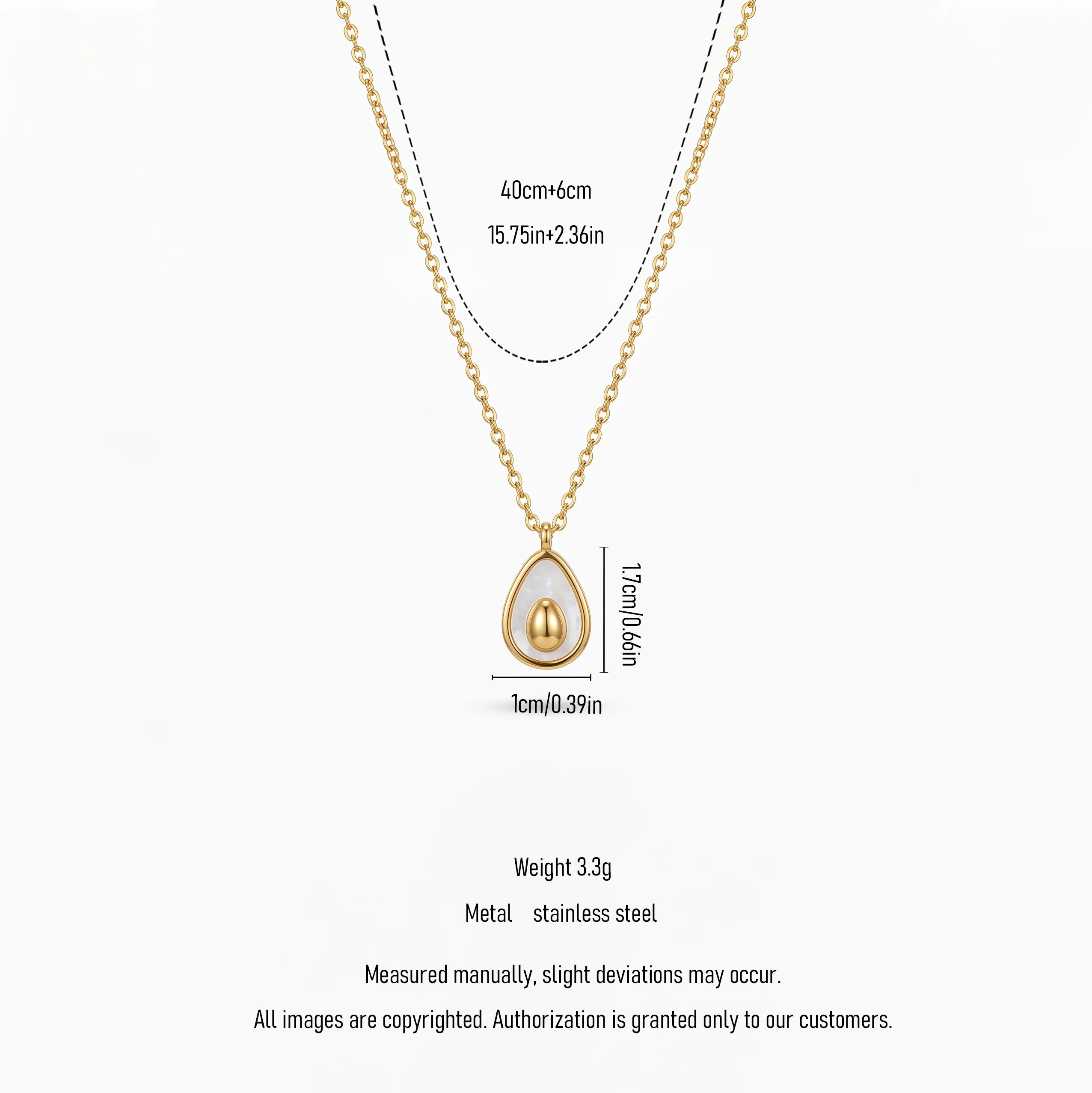 QIAOREN 13536 Dainty Teardrop White Shell Inlay Pendant Necklace with Solid Oval Gold Center Charm, Thin Cable Chain Necklace