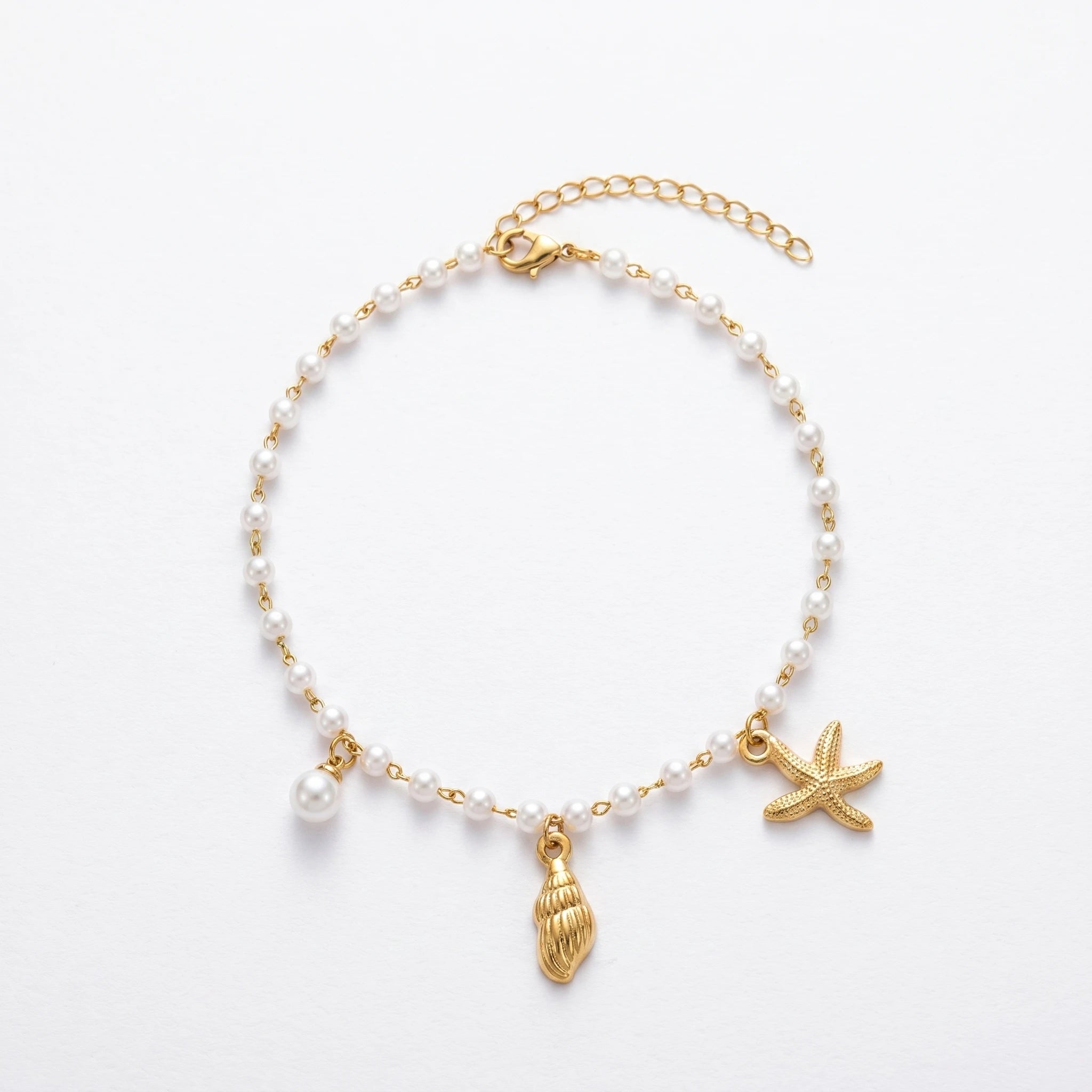 QIAOREN 10588 Starfish Seashell Pearl Trendy Party Anklet 18K Gold Plated Stainless Steel Waterproof Beach Jewelry for Women