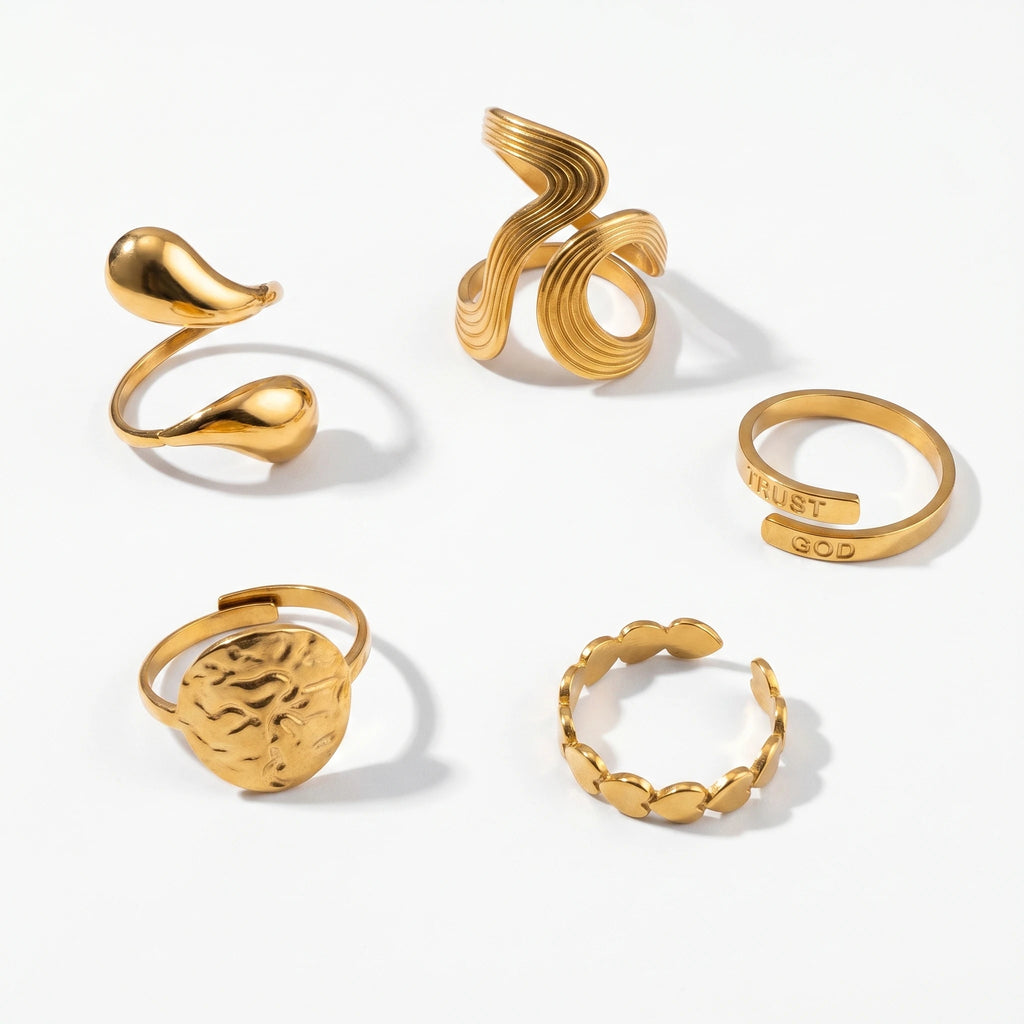 QIAOREN 10708 TRUST GOD Engraved Gold Ring Set - 5Pcs Hypoallergenic Stainless Steel Open Rings