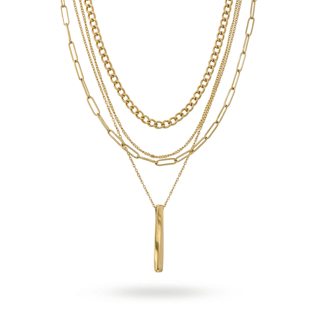 QIAOREN 11337 18K Gold Plated 4 Layered Mixed Chain Necklace With Vertical Bar Pendant Stainless Steel Tarnish Free