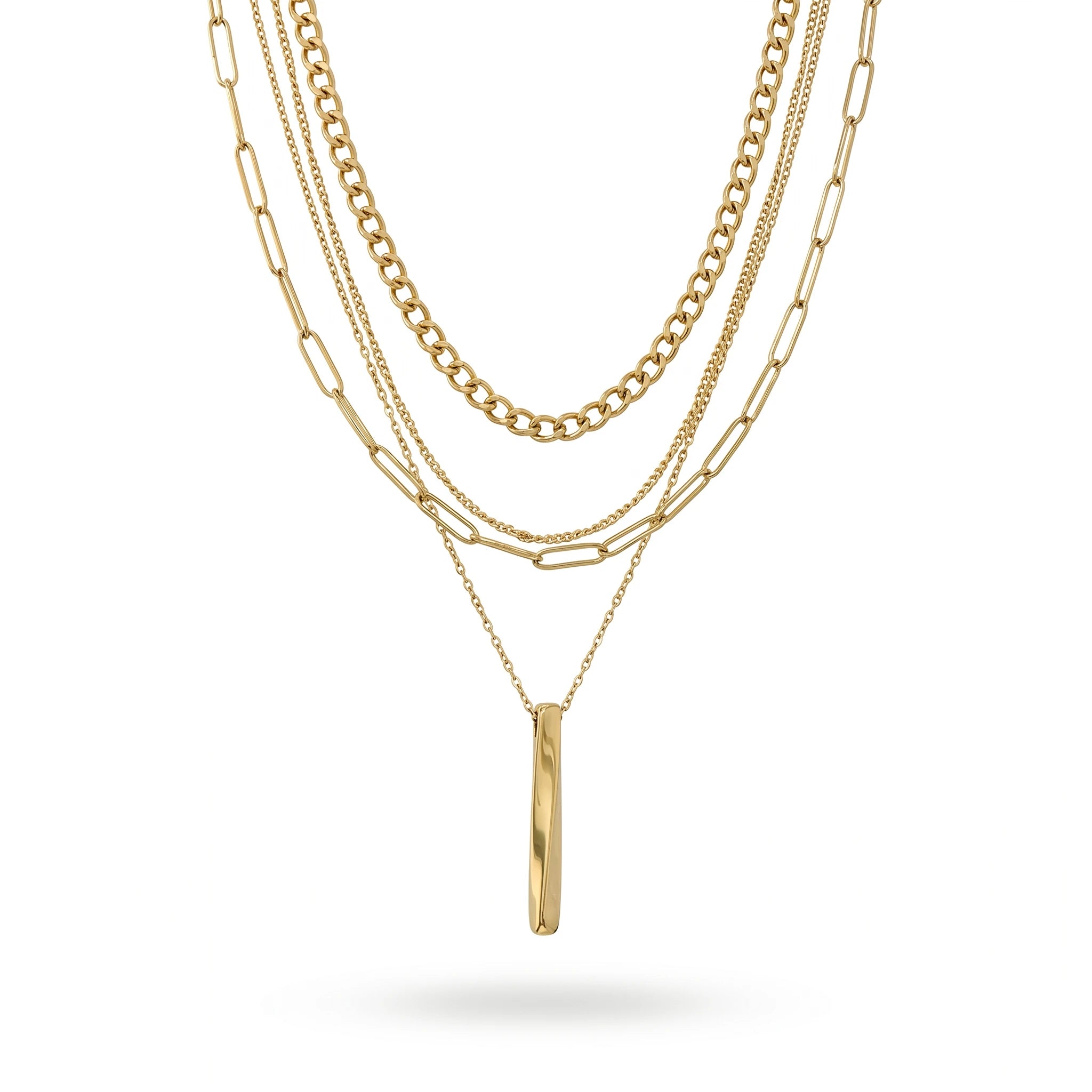 QIAOREN 11337 18K Gold Plated 4 Layered Mixed Chain Necklace With Vertical Bar Pendant Stainless Steel Tarnish Free