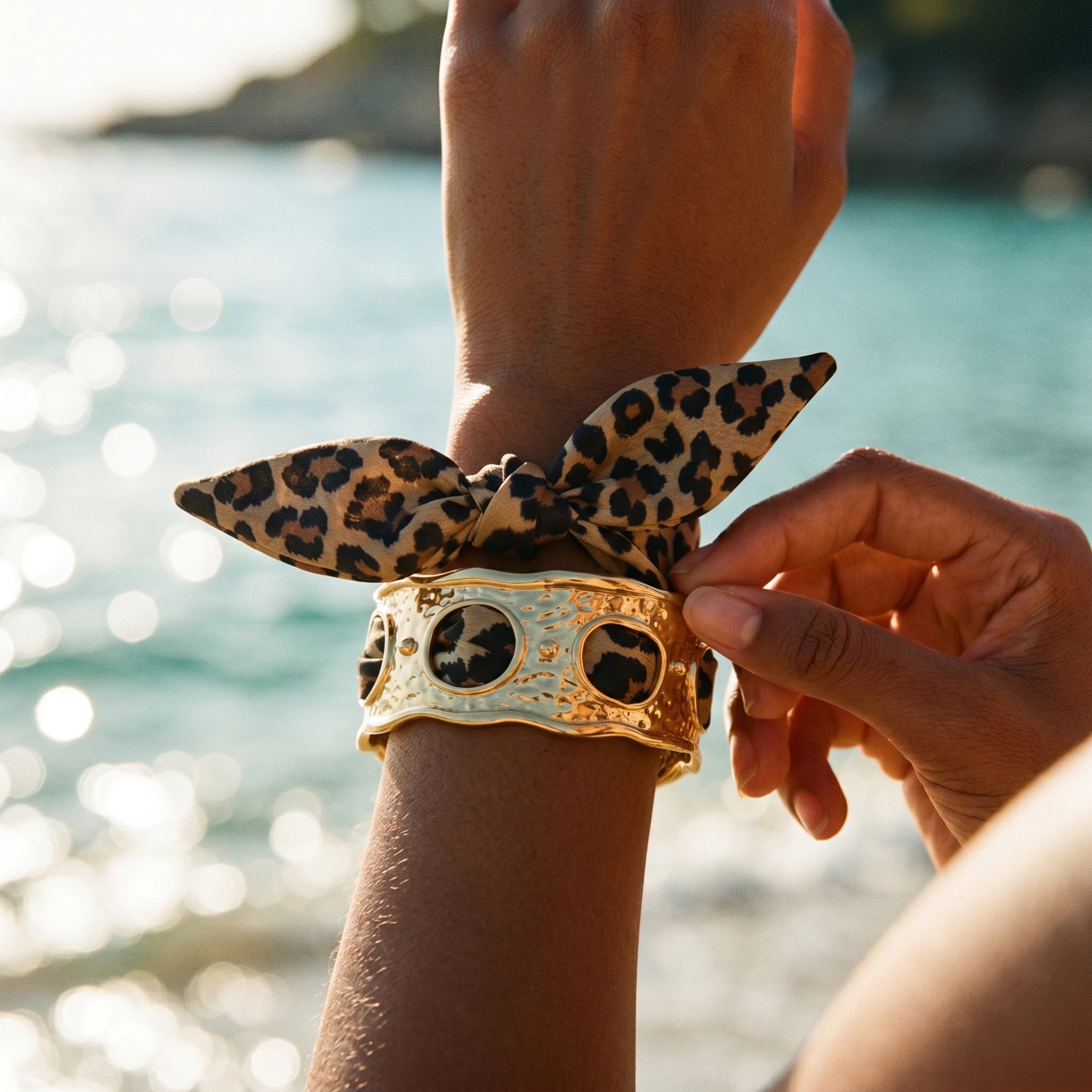 QIAOREN 11003 Leopard Print Scarf Bracelet Gold Stainless Steel Wide Adjustable Boho Beach Jewelry for Women