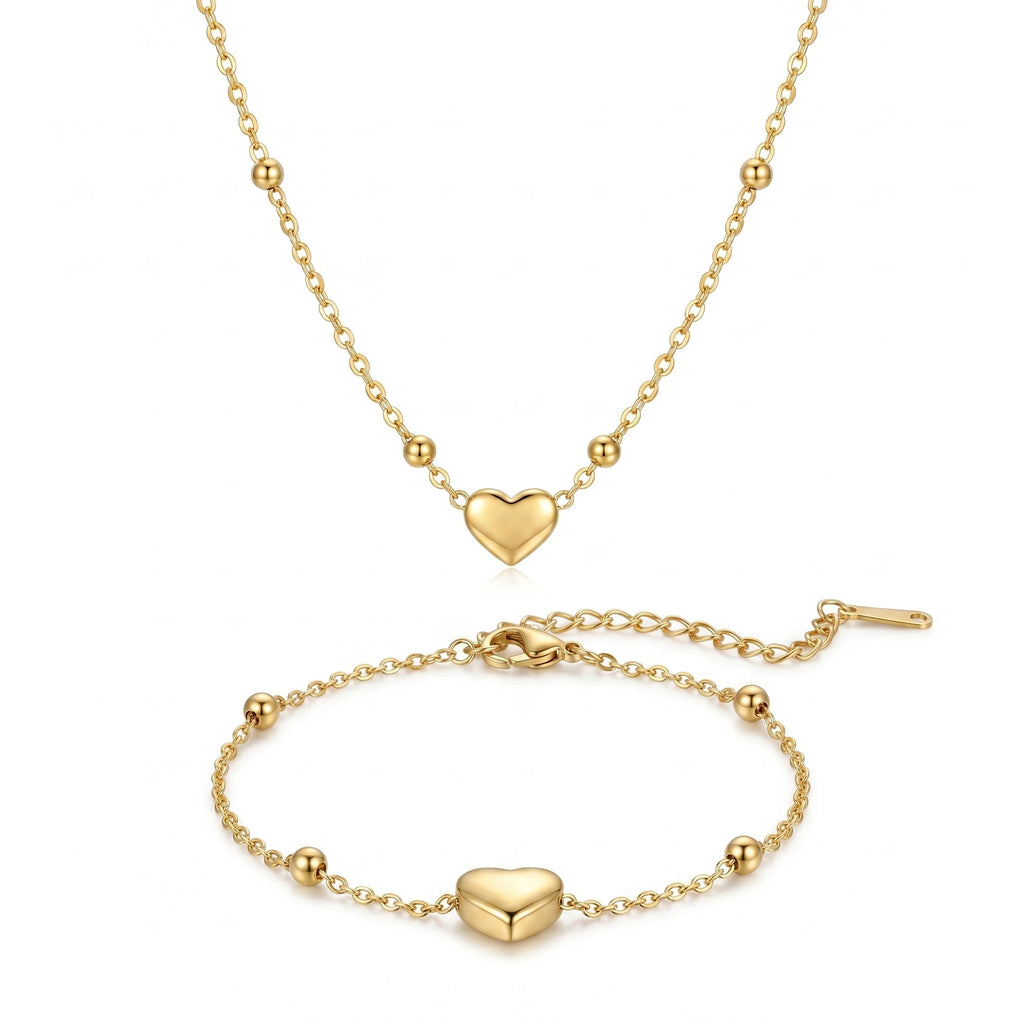 QIAOREN 12858 18K Gold Plated Puffy Heart Necklace Bracelet Set, Waterproof Tarnish Free Stainless Steel Jewelry for Women