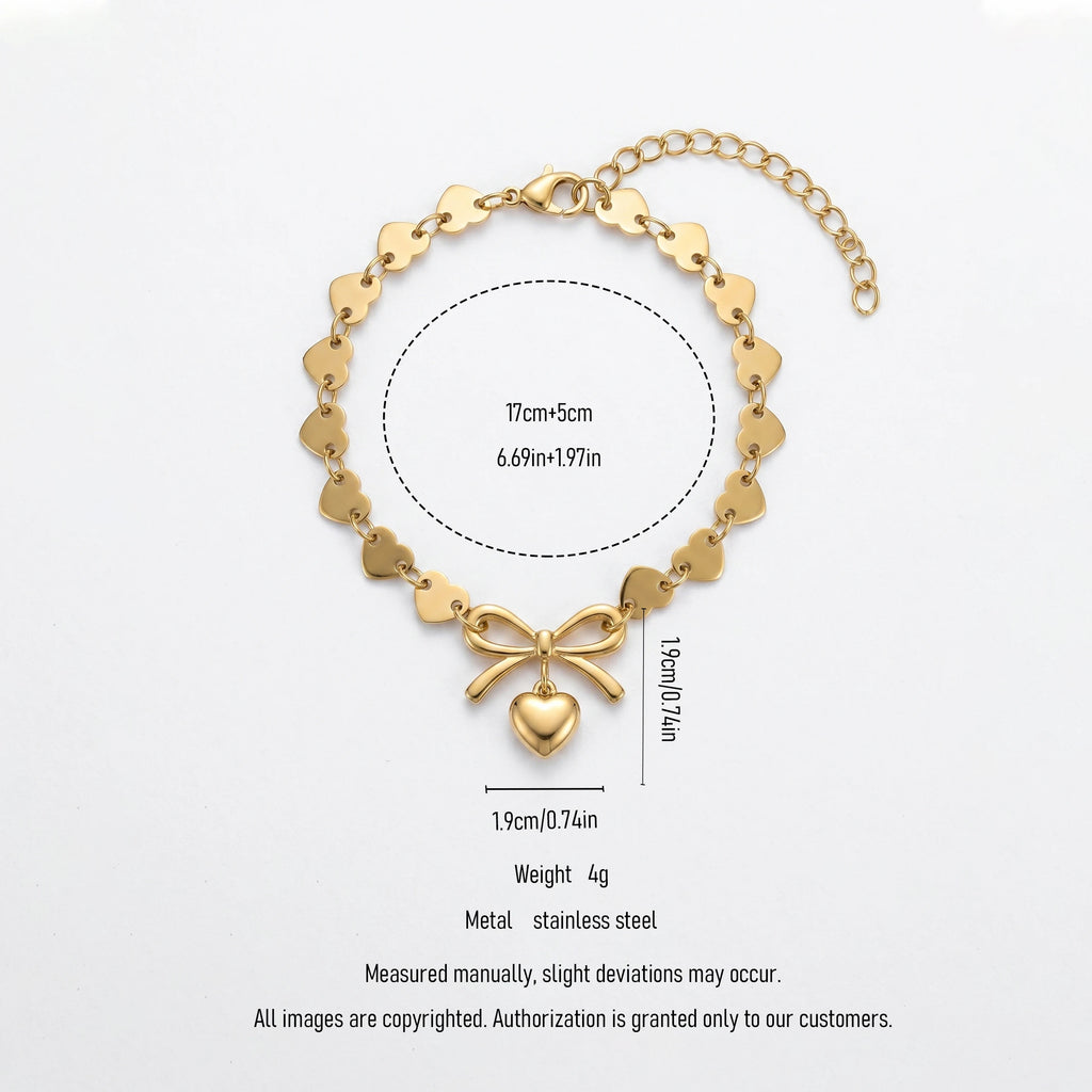 QIAOREN 11426 18K Gold Plated All Heart Chain Bracelet With Bow Knot Charm Stainless Steel Tarnish Free