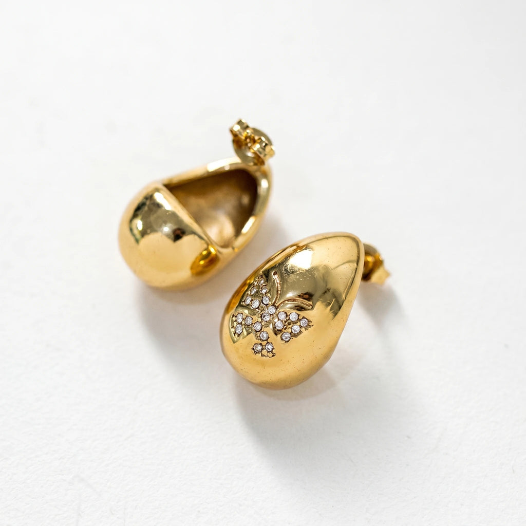QIAOREN 12260Trendy Chunky Teardrop Earrings Gold Stainless Steel CZ Pave Butterfly Waterdrop Studs Jewelry for Women US EU