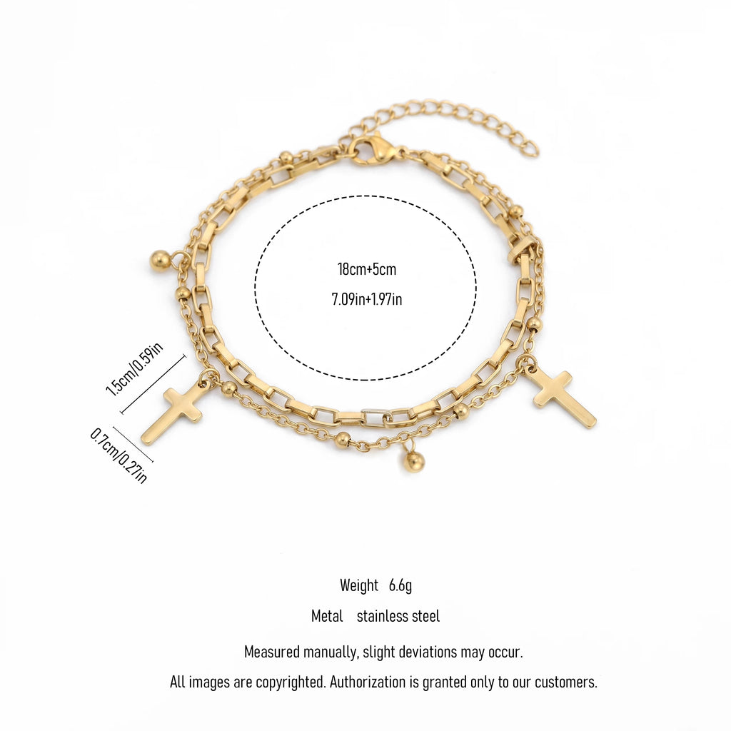 QIAOREN 11410 18K Gold Plated 2 Layered Cross & Ball Charm Bracelet Stainless Steel Tarnish Free Waterproof
