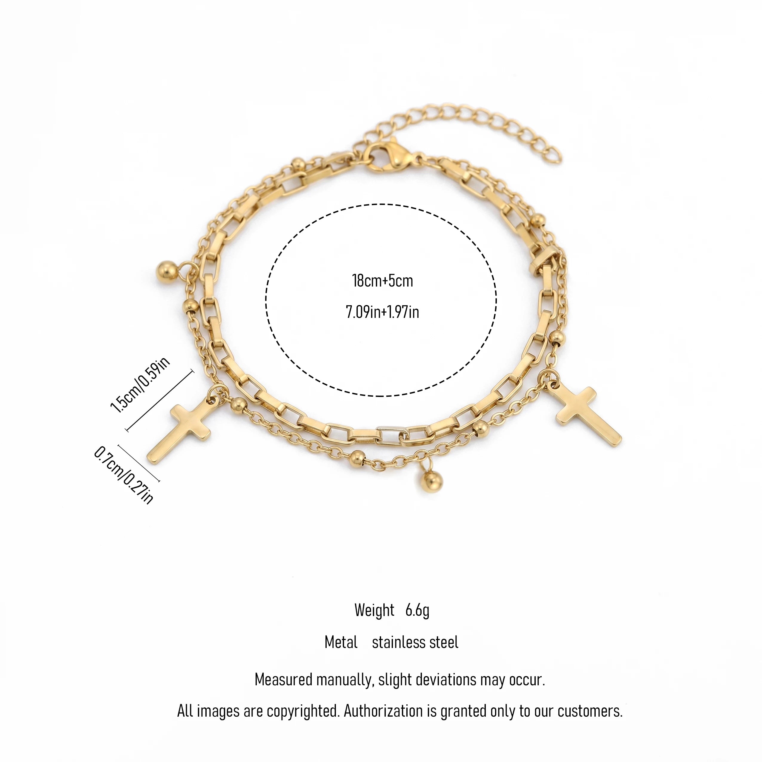 QIAOREN 11410 18K Gold Plated 2 Layered Cross & Ball Charm Bracelet Stainless Steel Tarnish Free Waterproof