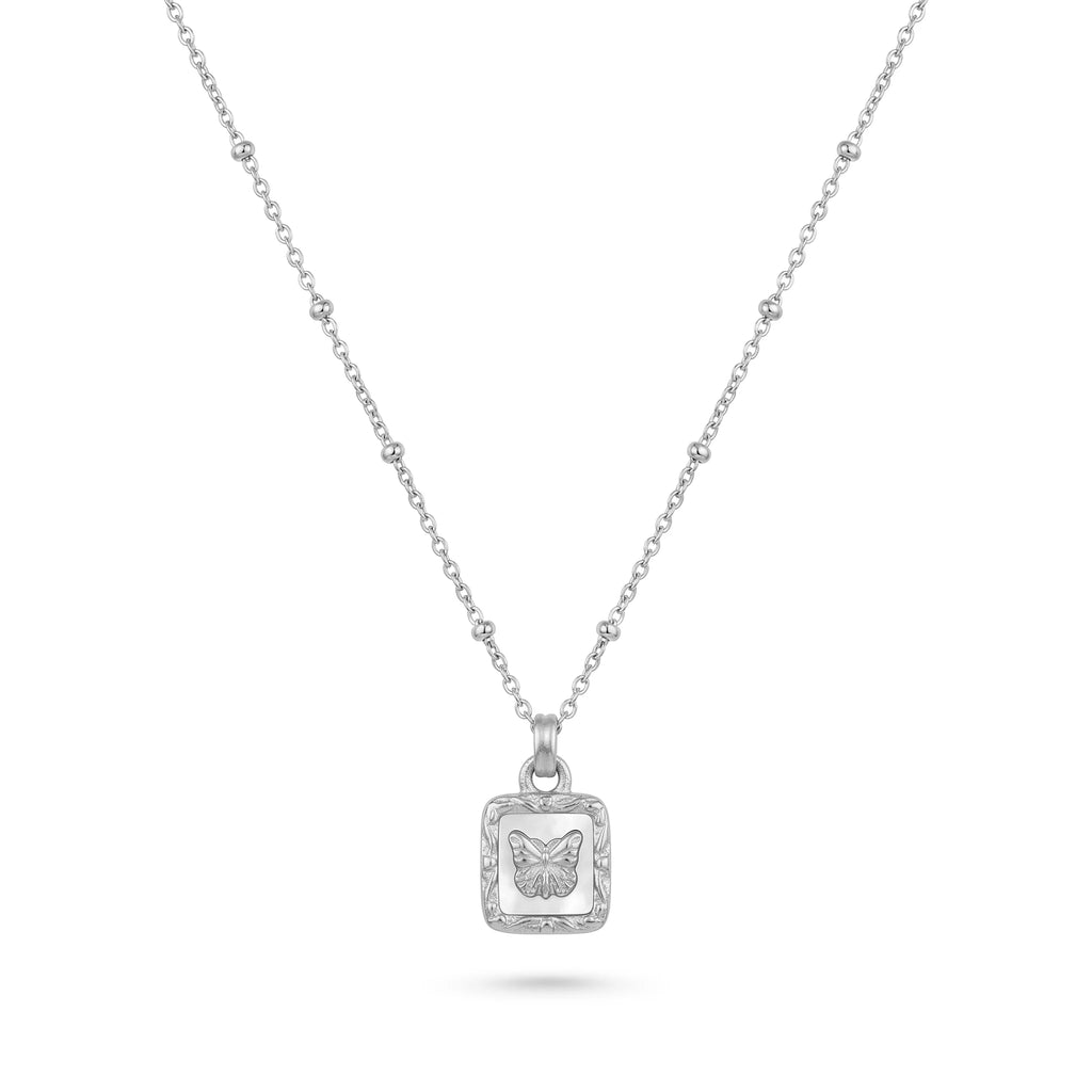 QIAOREN 13478 Vintage Square White Shell Butterfly Pendant Necklace with Beaded Ball Chain, Dainty Gold Neck Jewelry Gift