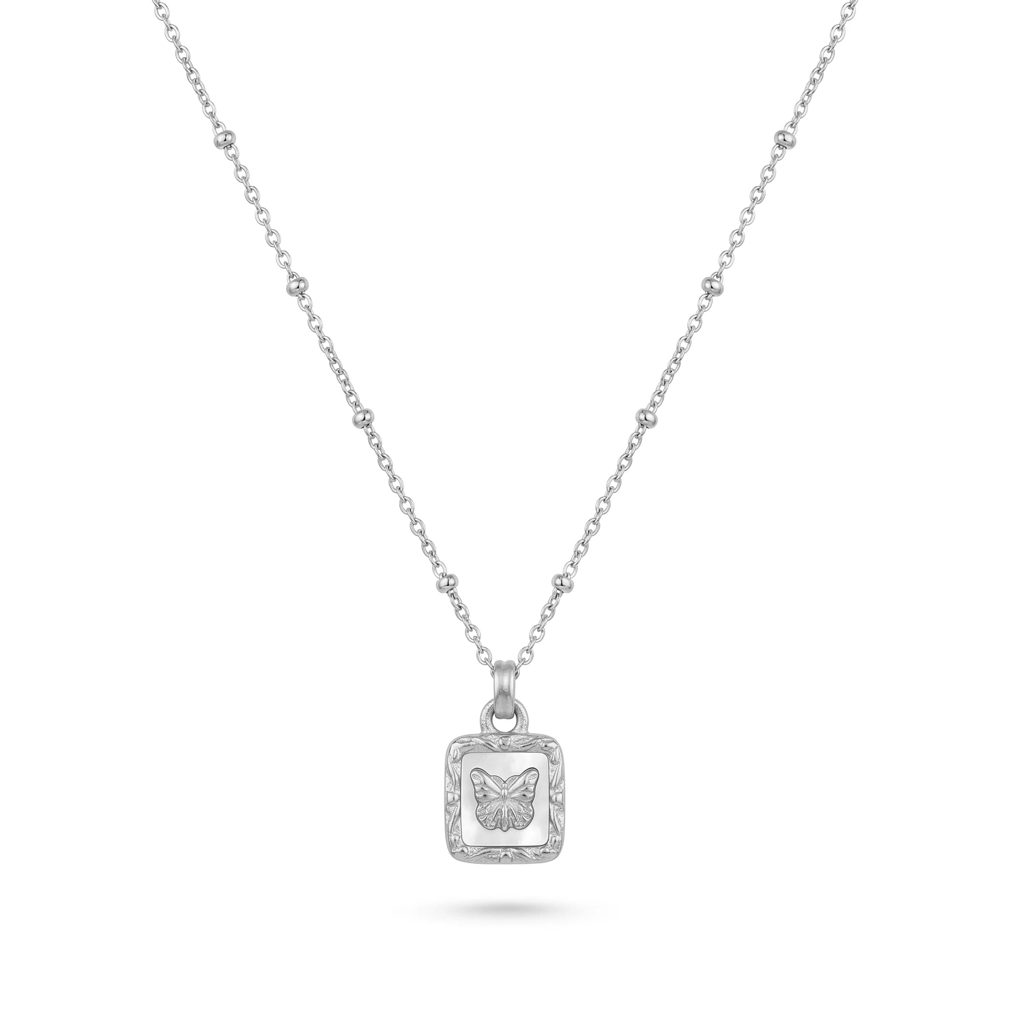 QIAOREN 13478 Vintage Square White Shell Butterfly Pendant Necklace with Beaded Ball Chain, Dainty Gold Neck Jewelry Gift