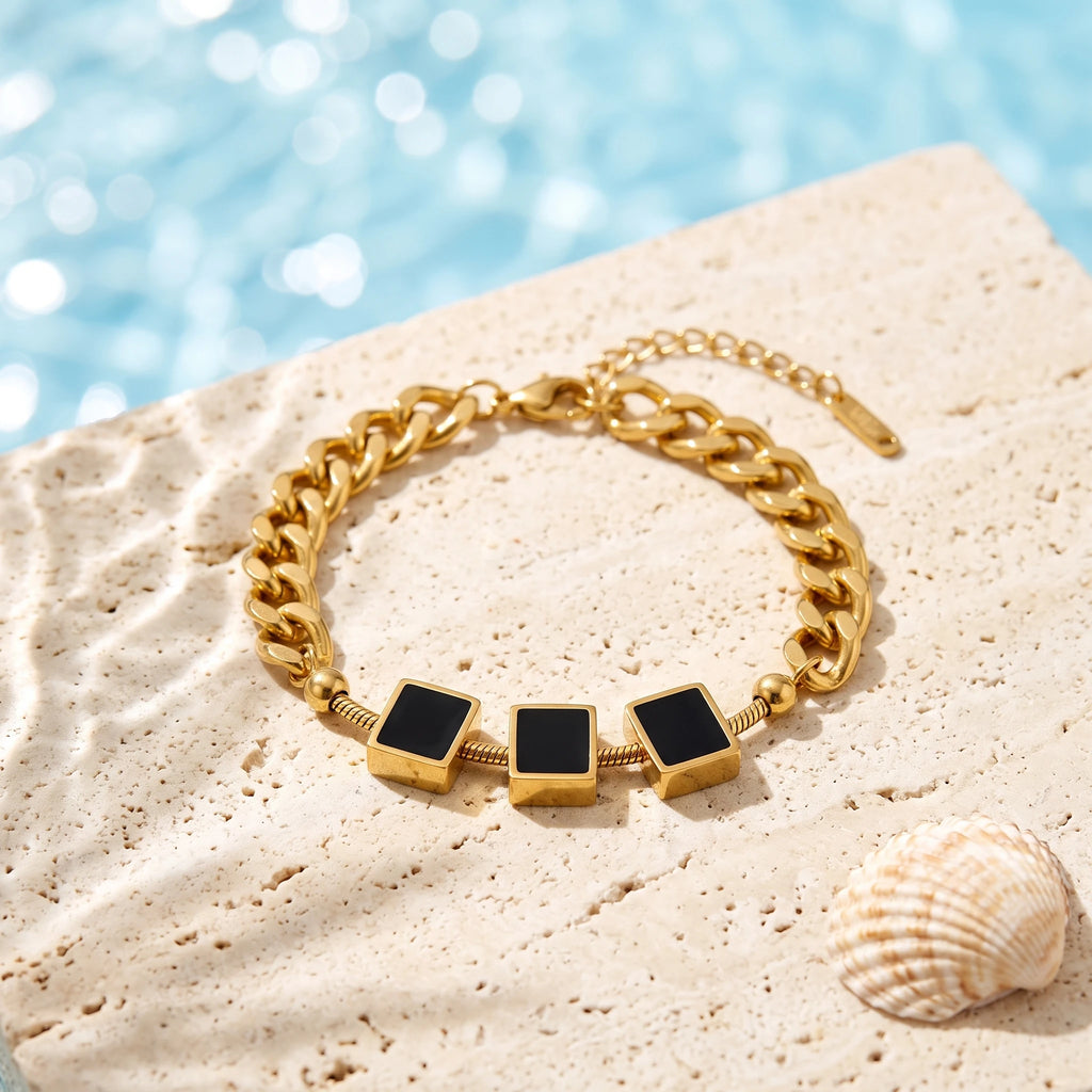 QIAOREN 13765 Thick Cuban Curb Link Bracelet with Three Square Black Onyx Inlaid Charms & Round Ball Spacers