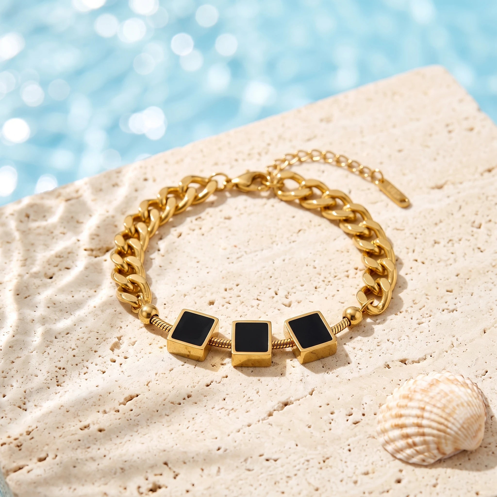 QIAOREN 13765 Thick Cuban Curb Link Bracelet with Three Square Black Onyx Inlaid Charms & Round Ball Spacers